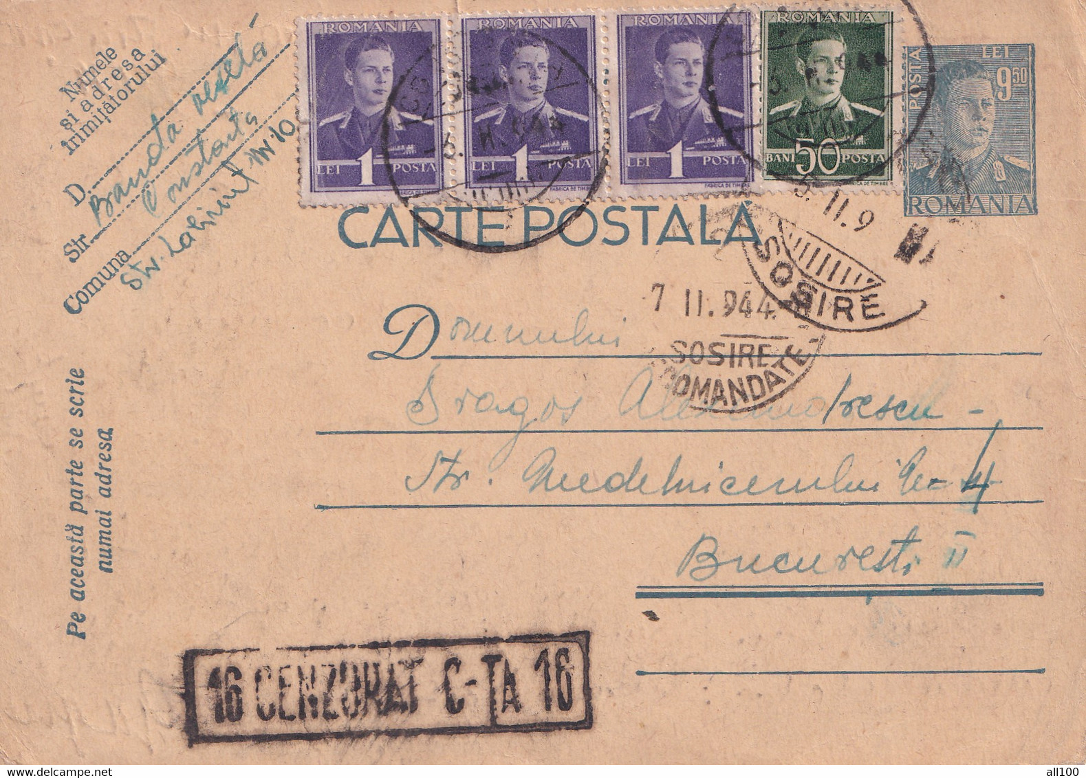 A16424-  MILITARY POSTAL STATIONERY KING MICHAEL 9.5 LEI CENZURAT CONSTANTA NR. 16 1944  USED - Cartas De La Segunda Guerra Mundial