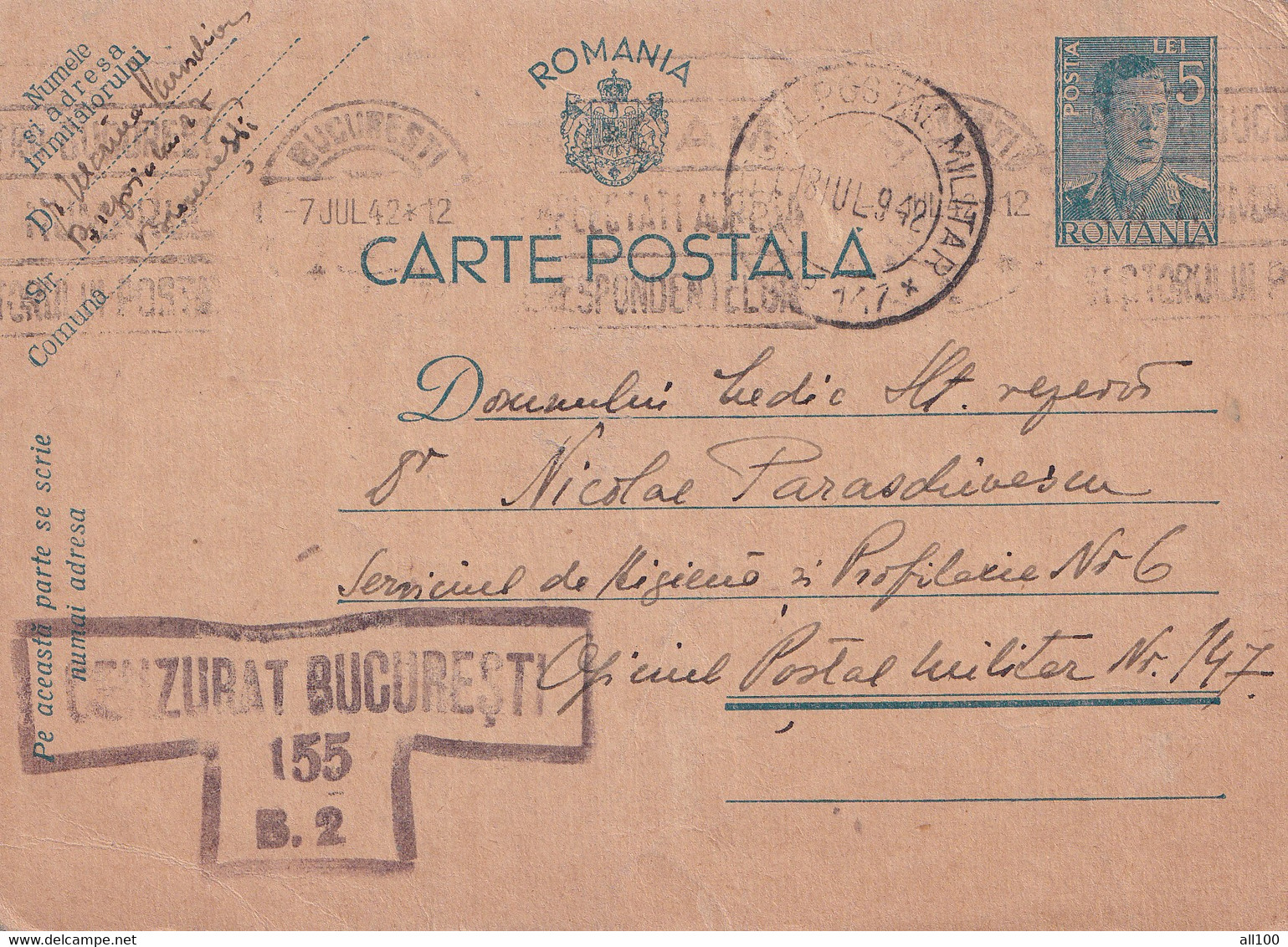 A16434-   MILITARY LETTER POSTAL STATIONERY KING MICHAEL 5 LEI CENZURAT BUCURESTI USED 1942 OFICIUL MILITAR 147 - World War 2 Letters