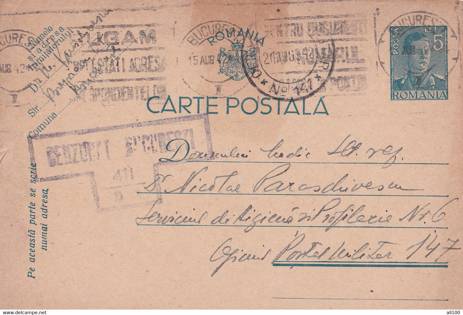 A16435-   MILITARY LETTER POSTAL STATIONERY KING MICHAEL 5 LEI CENZURAT BUCURESTI USED 1942 OFICIUL MILITAR 147 - 2de Wereldoorlog (Brieven)