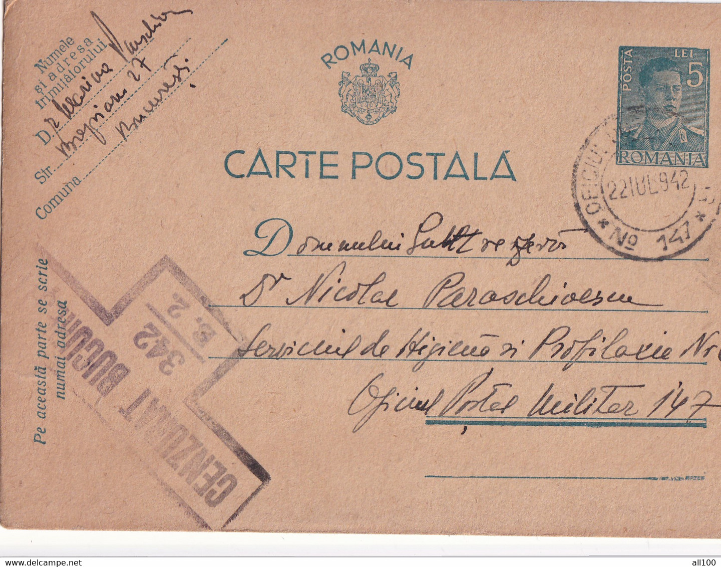 A16436 - MILITARY LETTER POSTAL STATIONERY KING MICHAEL 5 LEI CENZURAT BUCURESTI USED 1942 OFICIUL MILITAR 147 - Storia Postale Seconda Guerra Mondiale