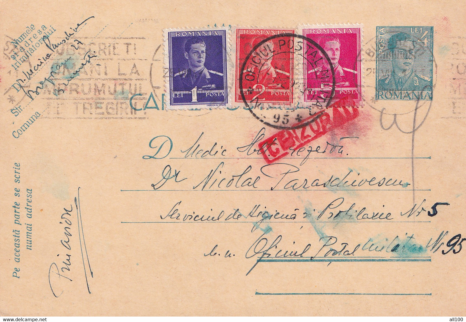A16437 - MILITARY LETTER POSTAL STATIONERY KING MICHAEL 4 LEI CENZURAT USED 1942 OFICIUL MILITAR 95 - World War 2 Letters