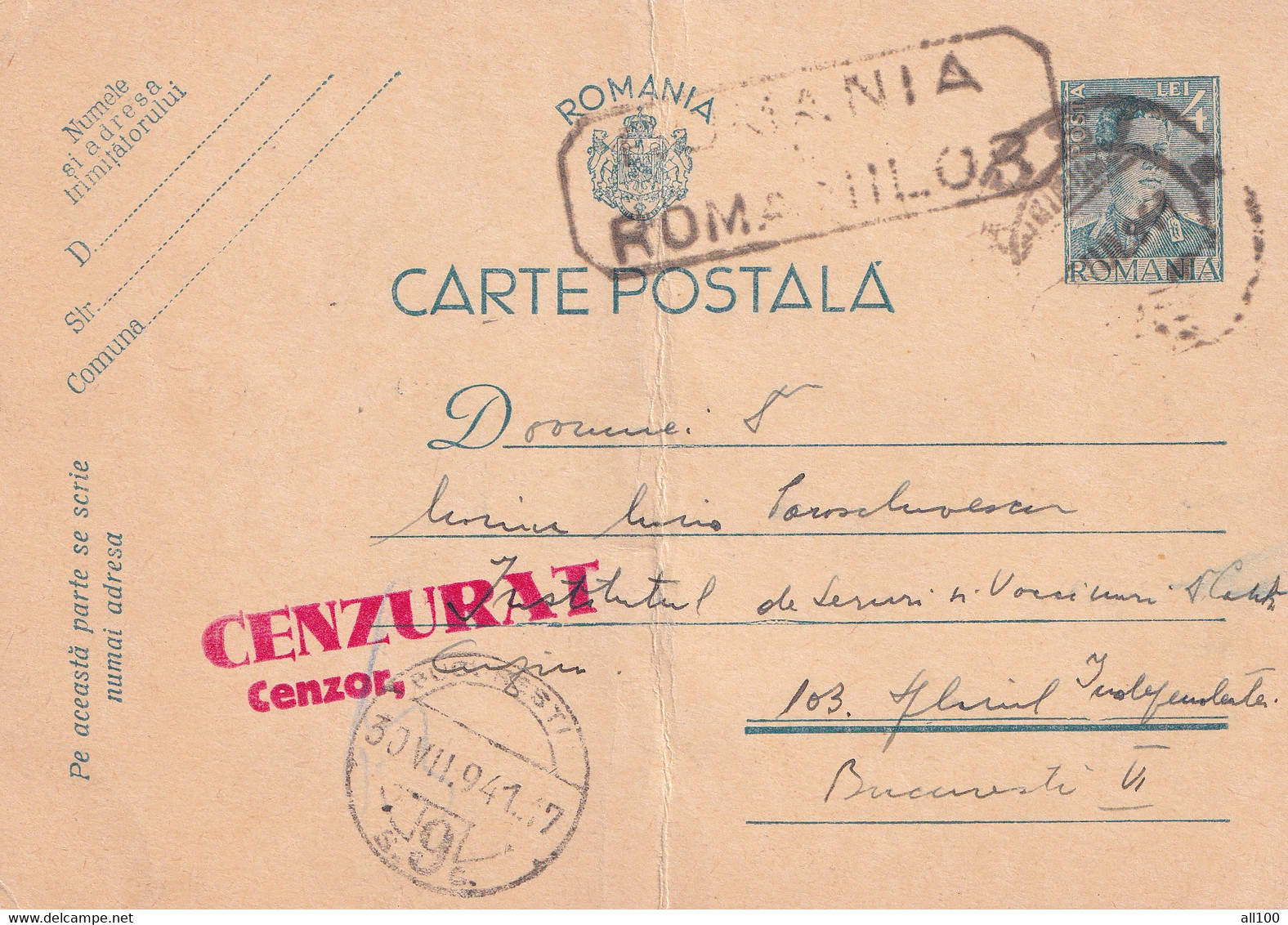 A16439 - MILITARY LETTER  KING MICHAEL 4 LEI CENZURAT  CENZOR  ROMANIA  A ROMANILOR STAMPEL  1941 USED - Cartas De La Segunda Guerra Mundial