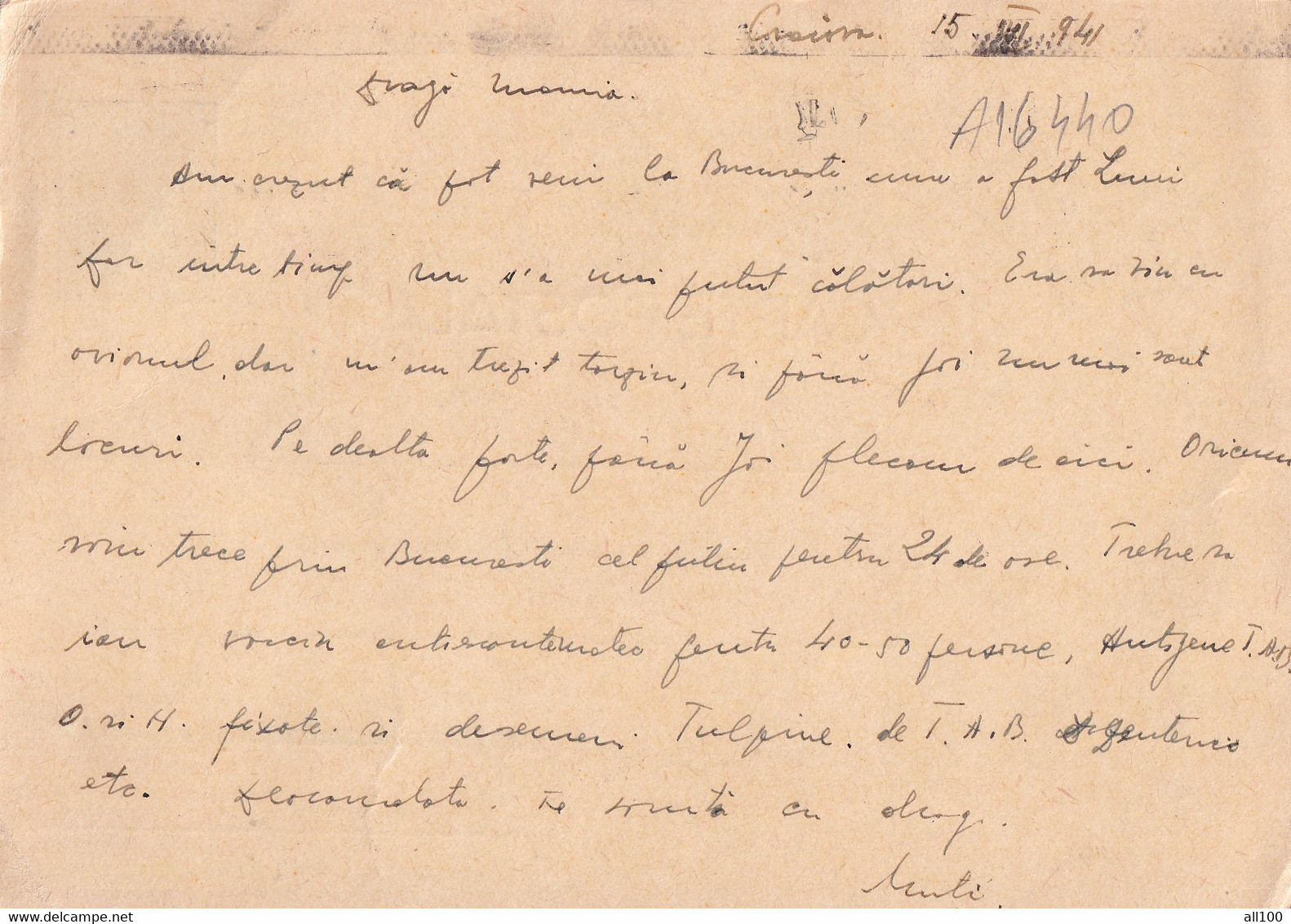 A16440 - MILITARY LETTER POSTAL STATIONERY KING MICHAEL 4 LEI CENZORED CRAIOVA SENT TO BUCURESTI  1941 USED - 2de Wereldoorlog (Brieven)