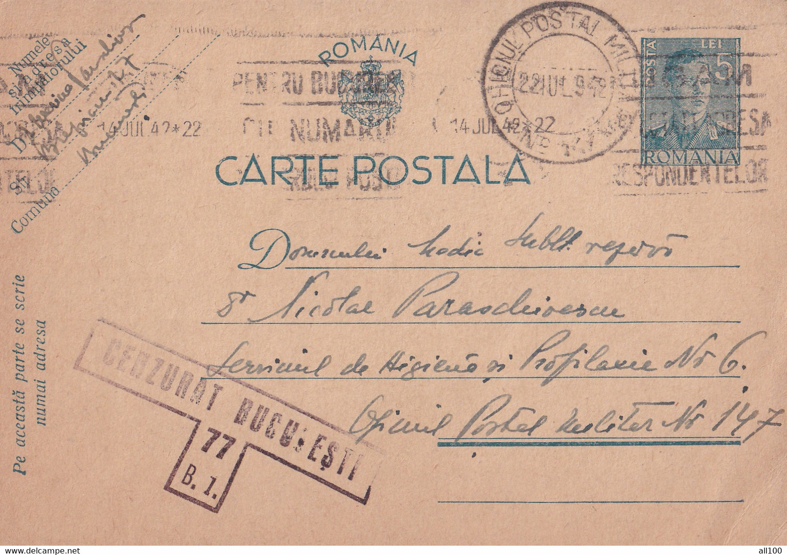 A16443 - MILITARY LETTER POSTAL STATIONERY KING MICHAEL 5 LEI CENZORED BUCURESTI 1942 OFICIUL POSTAL MILITAR NR. 147 - Lettres 2ème Guerre Mondiale