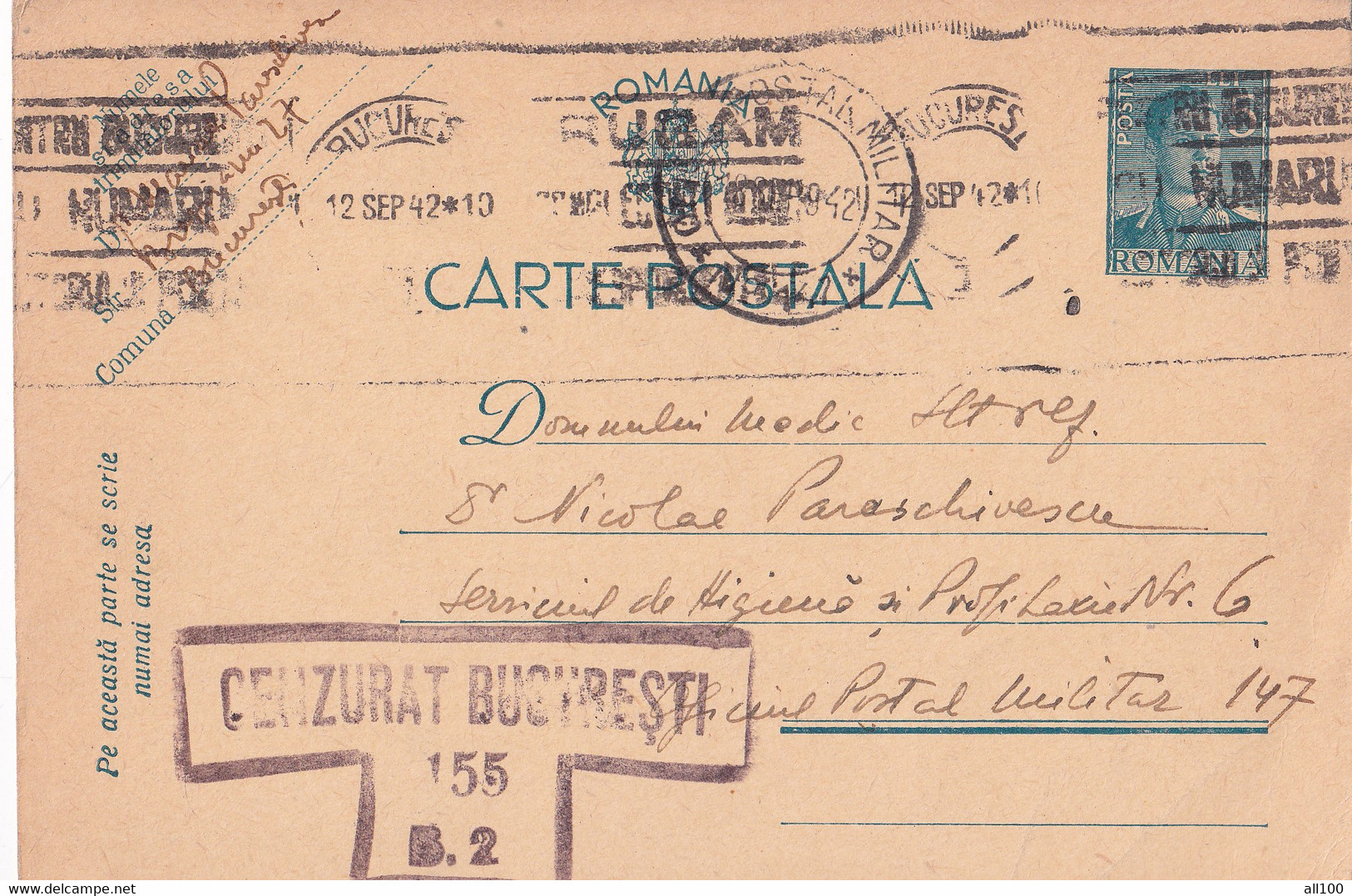 A16450- MILITARY LETTER POSTAL STATIONERY KING MICHAEL 5 LEI CENZORED BUCURESTI 151 B.1 1942 OFICUL MILITAR NR. 147 - Storia Postale Seconda Guerra Mondiale