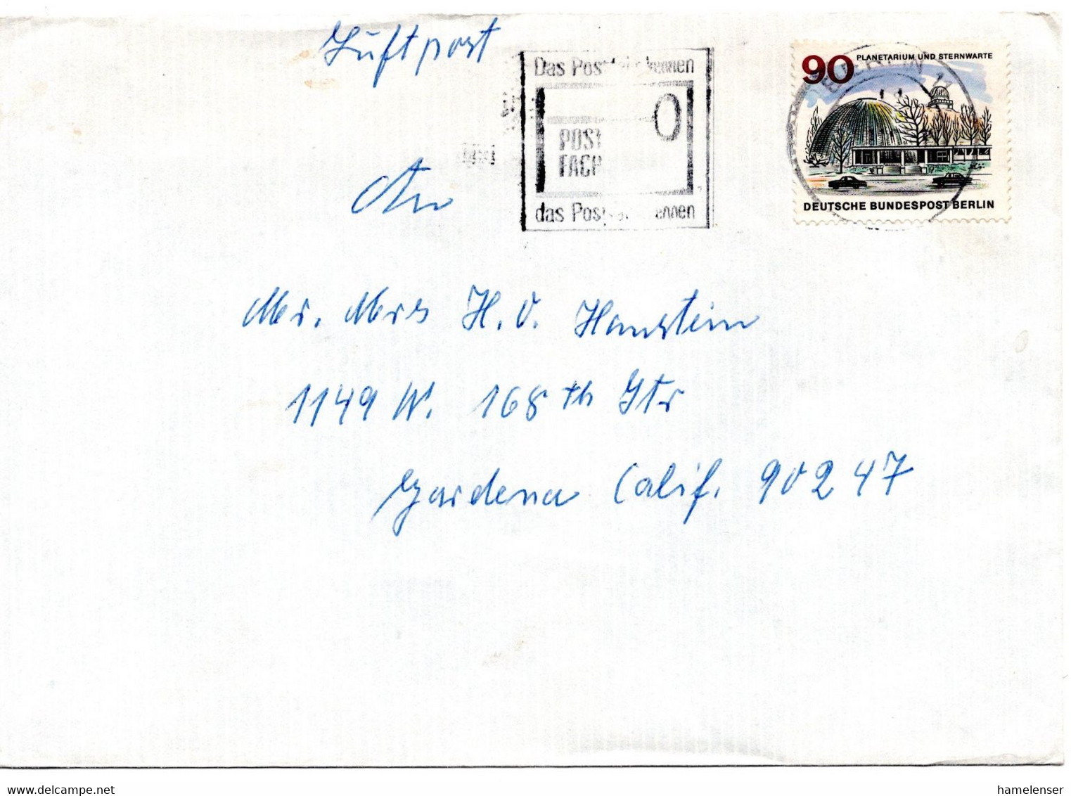 59882 - Berlin - 1970 - 90Pfg Neu-Berlin EF A LpBf BERLIN -> Gardena, CA (USA) (rs Klappe Fehlt) - Covers & Documents