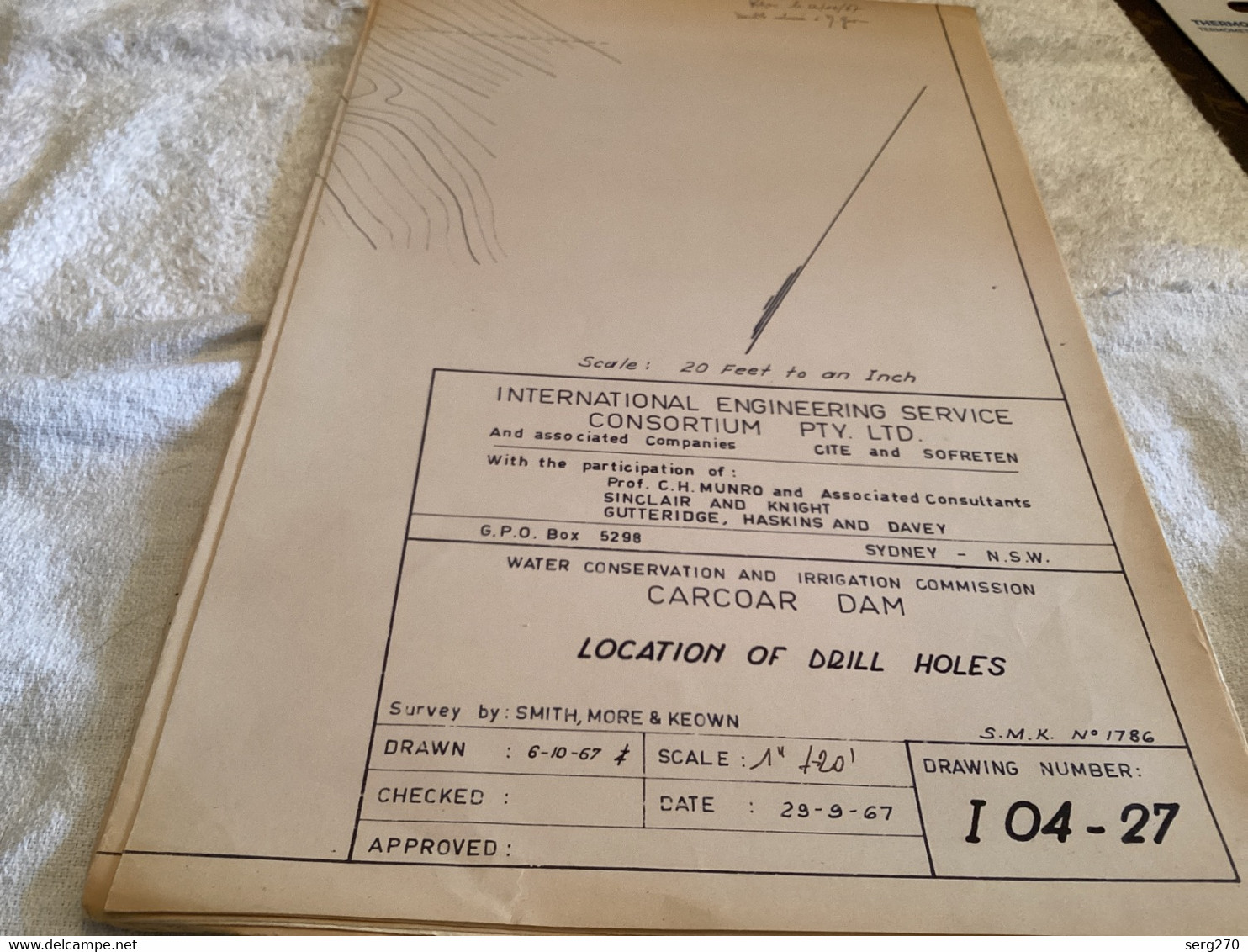 Plan WATER CONSERVATION AND IRRIGATION  CARCOAR DAMScale: 20 Feet +0 On Inch INTERNATIONAL ENGINEERING SERVICE CONSORTIU - Obras Públicas