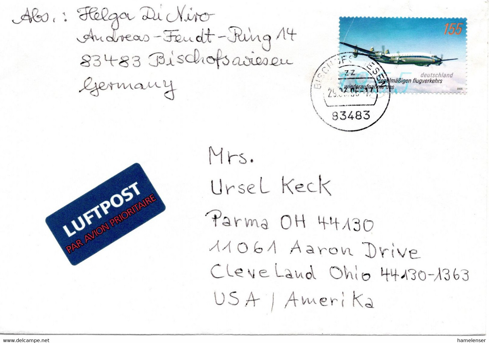59889 - Bund - 2005 - 155c Luftverkehr EF A LpBf BISCHOFSWIESEN -> Cleveland, OH (USA) (Marke Le Eckbug Li O) - Lettres & Documents
