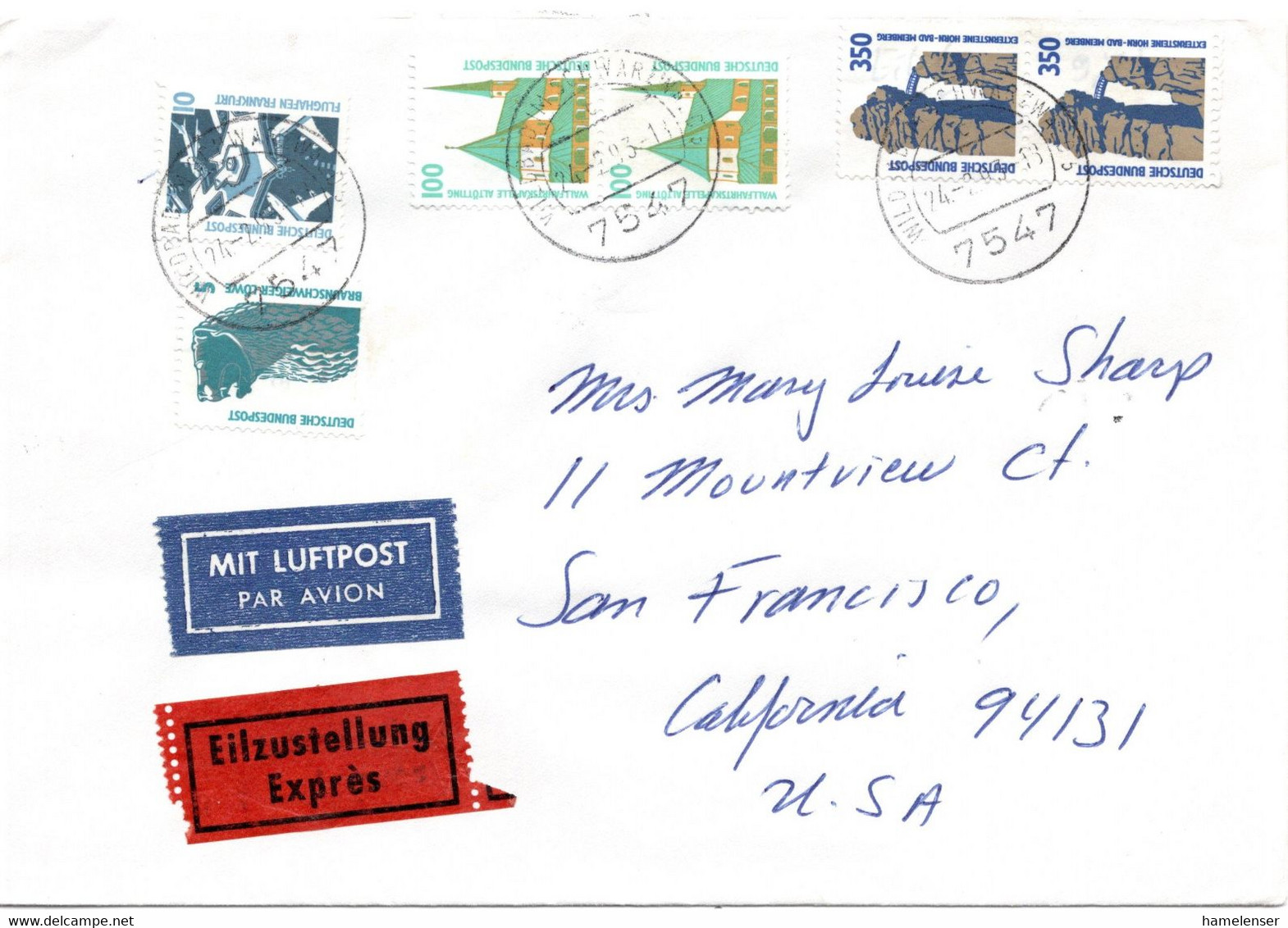 59890 - Bund - 1993 - 2@350Pfg SWK MiF A LpEilBf WILDBAD -> SAN FRANCISCO, CA (USA) - Storia Postale