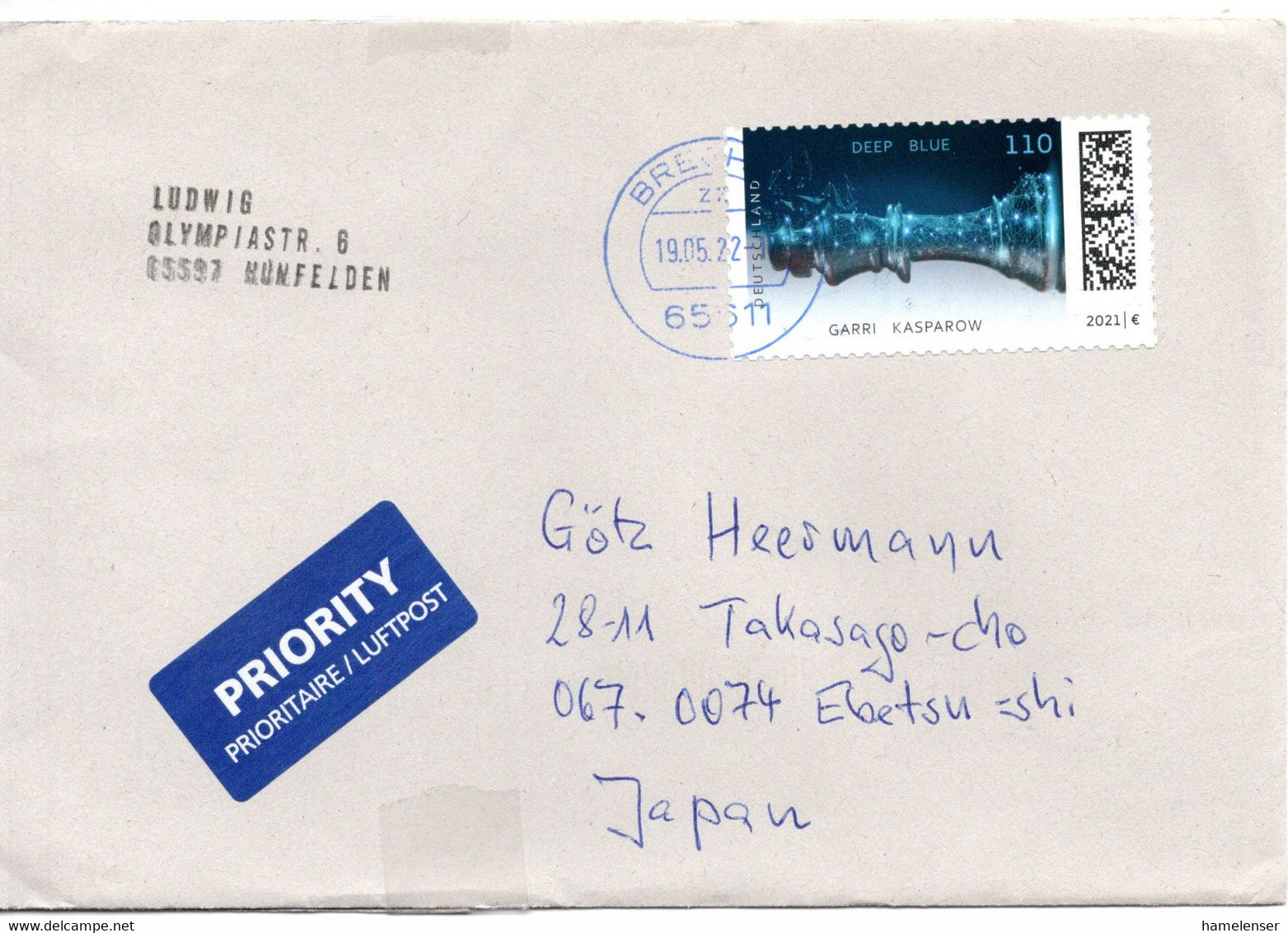 59897 - Bund - 2022 - 110c Deep Blue EF A LpBf BRECHEN -> Japan - Ajedrez