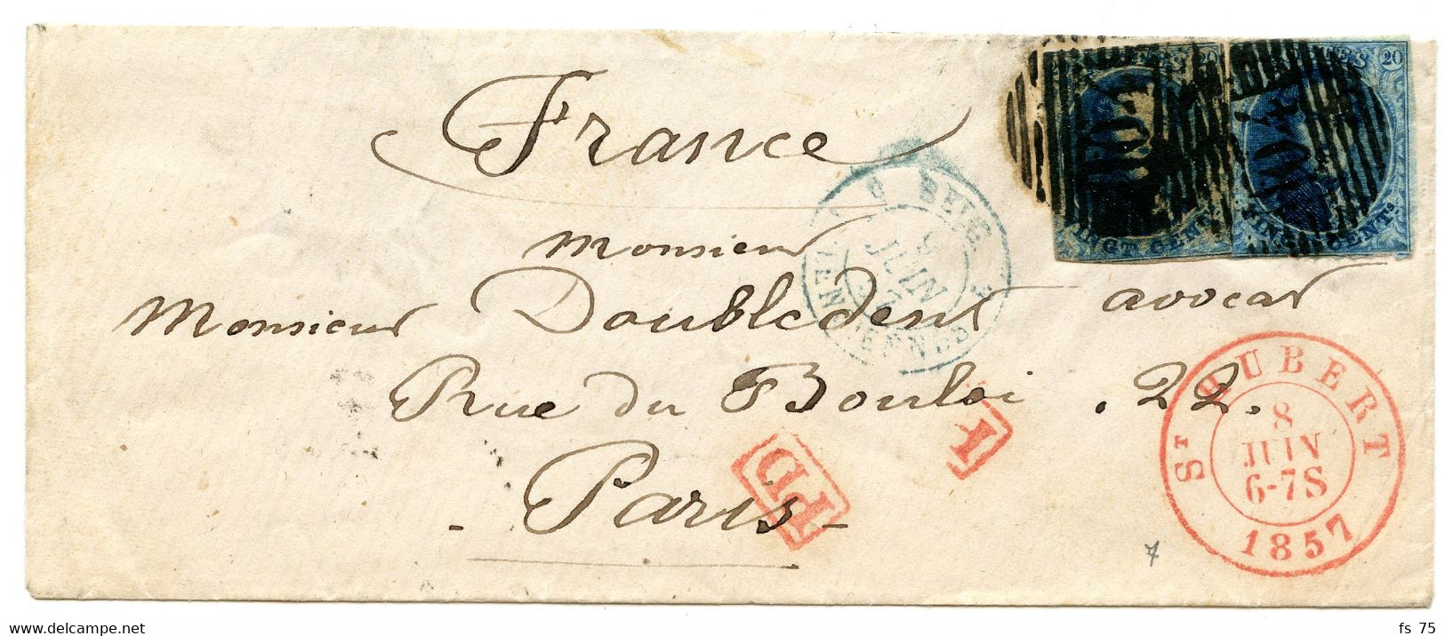 BELGIQUE -  MEDAILLON N°7X2 DEFAUTS P104 ST HUBERT SUR LETTRE SANS CORRESPONDANCE POUR PARIS, 1857 - 1851-1857 Medaillons (6/8)