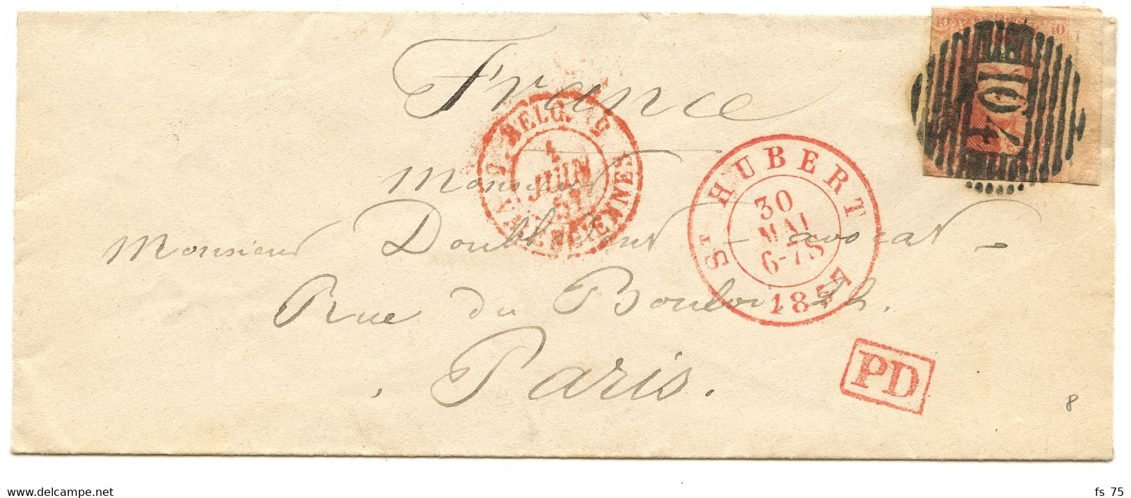 BELGIQUE -  MEDAILLON N°8 (LD) P104 ST HUBERT SUR LETTRE SANS CORRESPONDANCE POUR PARIS, 1857 - 1851-1857 Medallions (6/8)