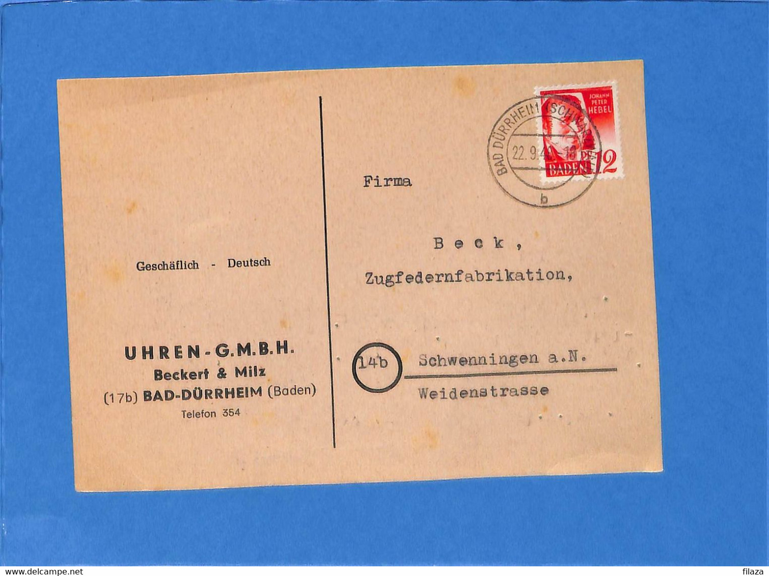 Allemagne Zone Française 1948 Baden - Carte Postale De Bad Dürrheim (G6164) - Bade