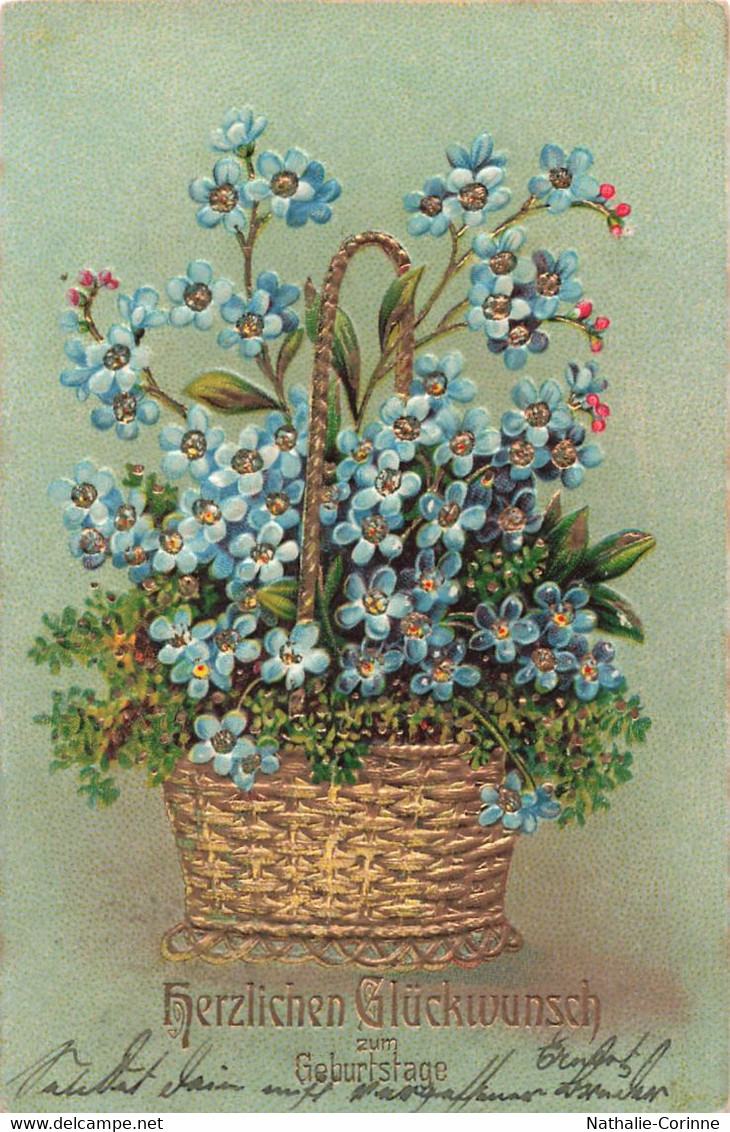 Herzliche Glückwunsch Zum Geburtstage - Corbeille Dorée De Myosotis - Finement Gaufré - 1907 - Geburtstag