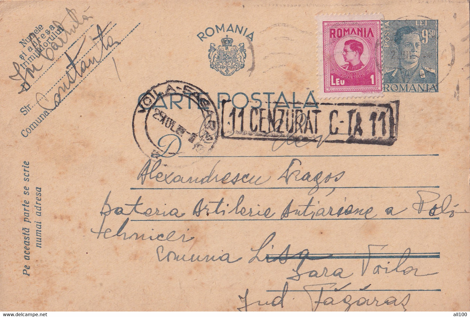 A16471 - MILITARY LETTER POSTAL STATIONERY ROMANIA  CENZORED CONSTANTA 11  KING MICHAEL 9.5 LEI 1944  POST CARD USED - Storia Postale Seconda Guerra Mondiale