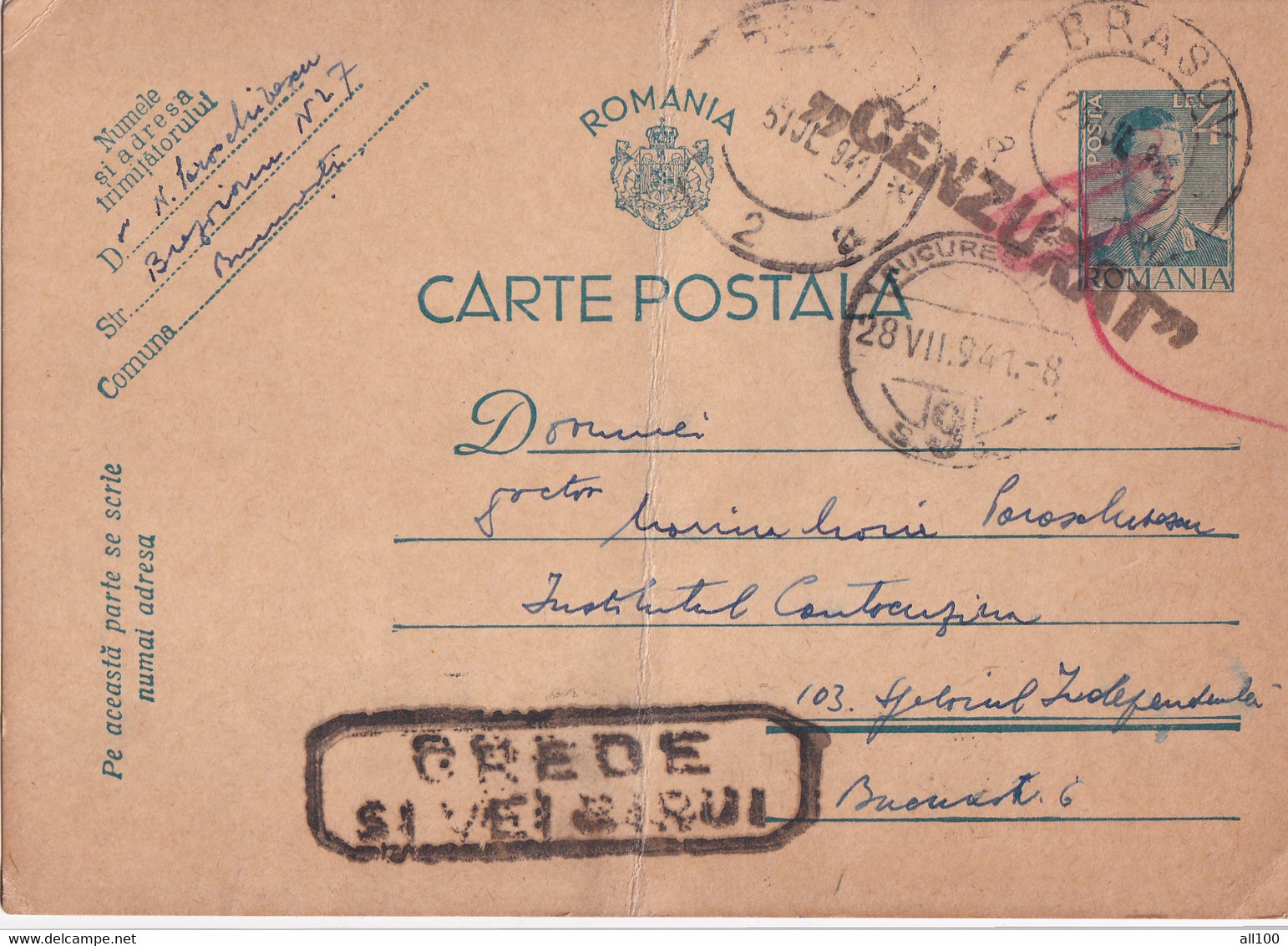 A16458 - MILITARY LETTER ROMANIA POSTAL STATIONERY CENZORED BRASOV  CREDE SI VEI BIRUI STAMPEL  KING MICHAEL 4 LEI 1941 - Cartas De La Segunda Guerra Mundial