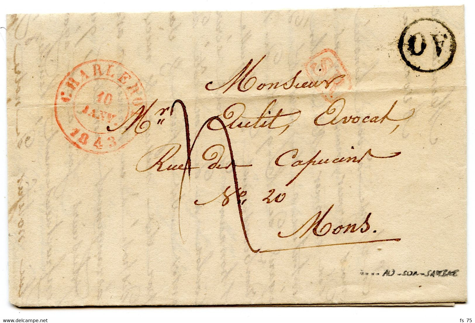 BELGIQUE - TAD CHARLEROY +  SR + BOITE RURALE AO SUR LETTRE AVEC TEXTE, 1843 - 1830-1849 (Onafhankelijk België)