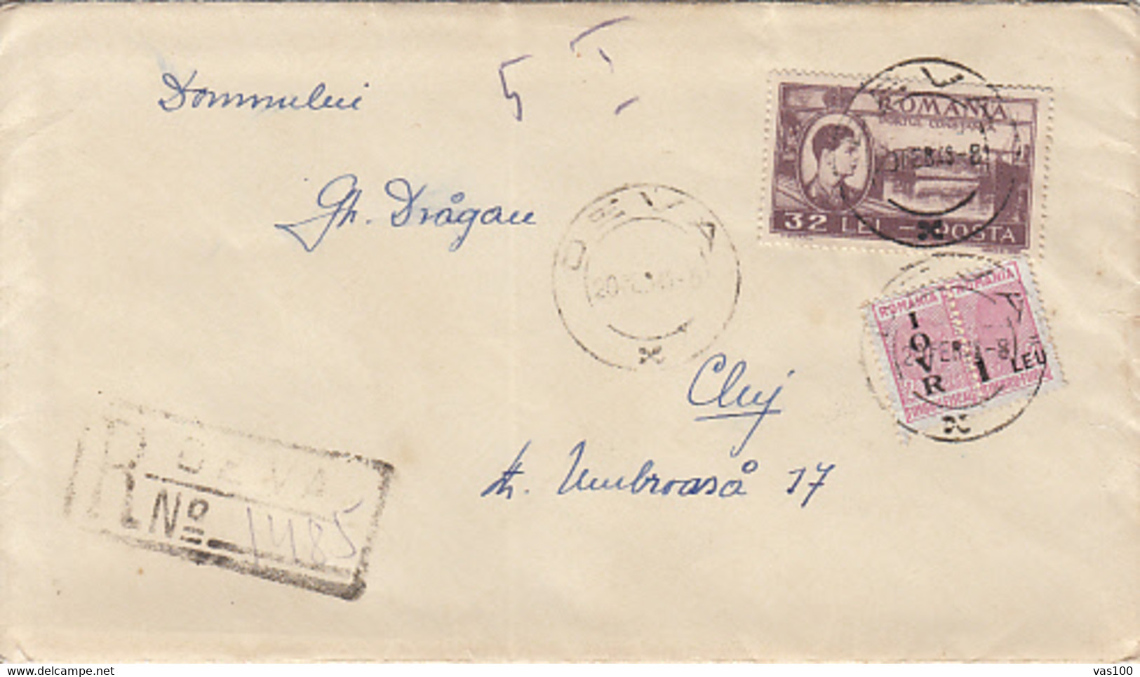 IOVR OVERPRINT REVENUE STAMP, KING MICHAEL, CONSTANTA HARBOUR, SHIP, STAMPS ON REGISTERED COVER, 1948, ROMANIA - Fiscali