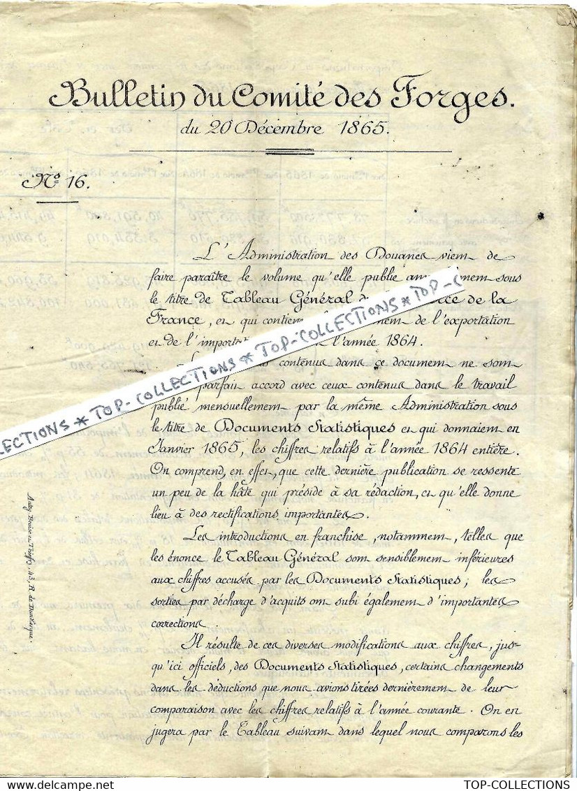 1865 METALLURGIE ORGNISATION PATRONAT MAITRES DE FORGES BULLETIN DU COMITE DES FORGES   16 P. GRAND FORMAT V.SCANS+ HIST - Historische Documenten