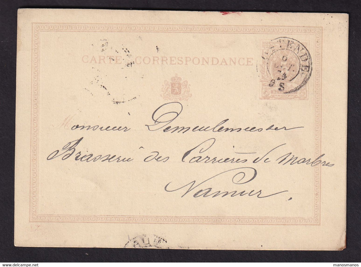 37/016 - BRASSERIE Belgique - Vers Brasseur Demeulemeester à NAMUR Sur Entier Postal OSTENDE 1874 - Bières