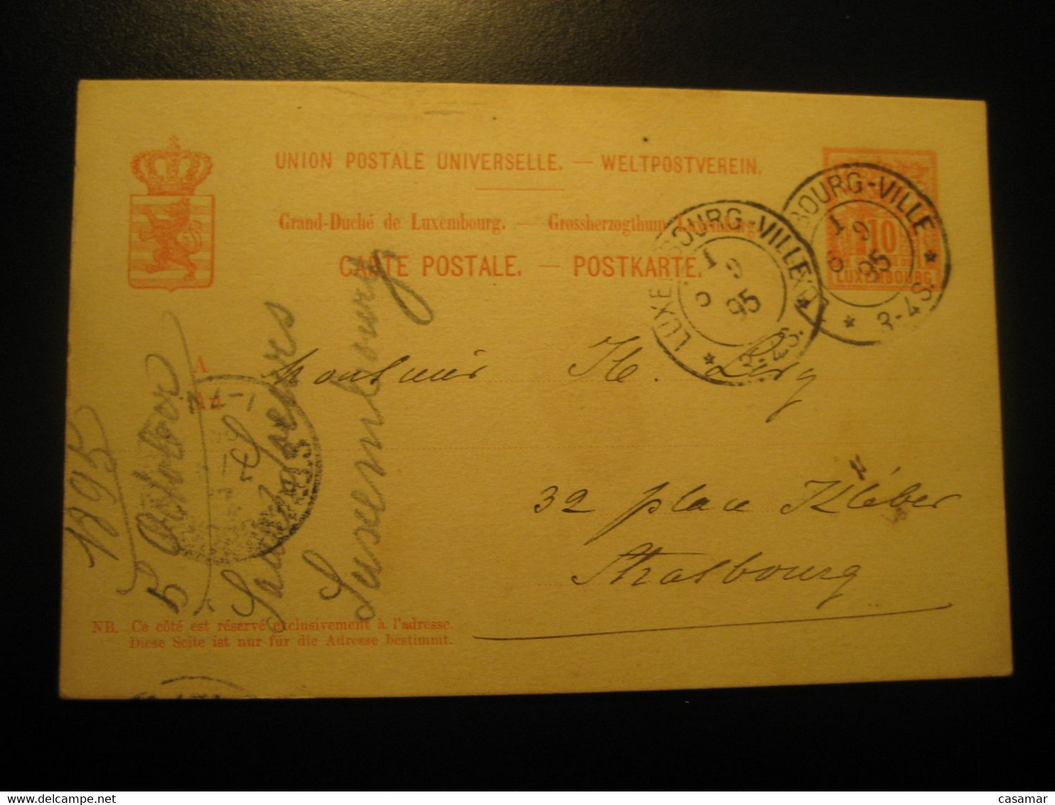 VILLE 1895 To Strasbourg Strassburg Germany Cancel Postal Stationery Card LUXEMBOURG - Sonstige & Ohne Zuordnung