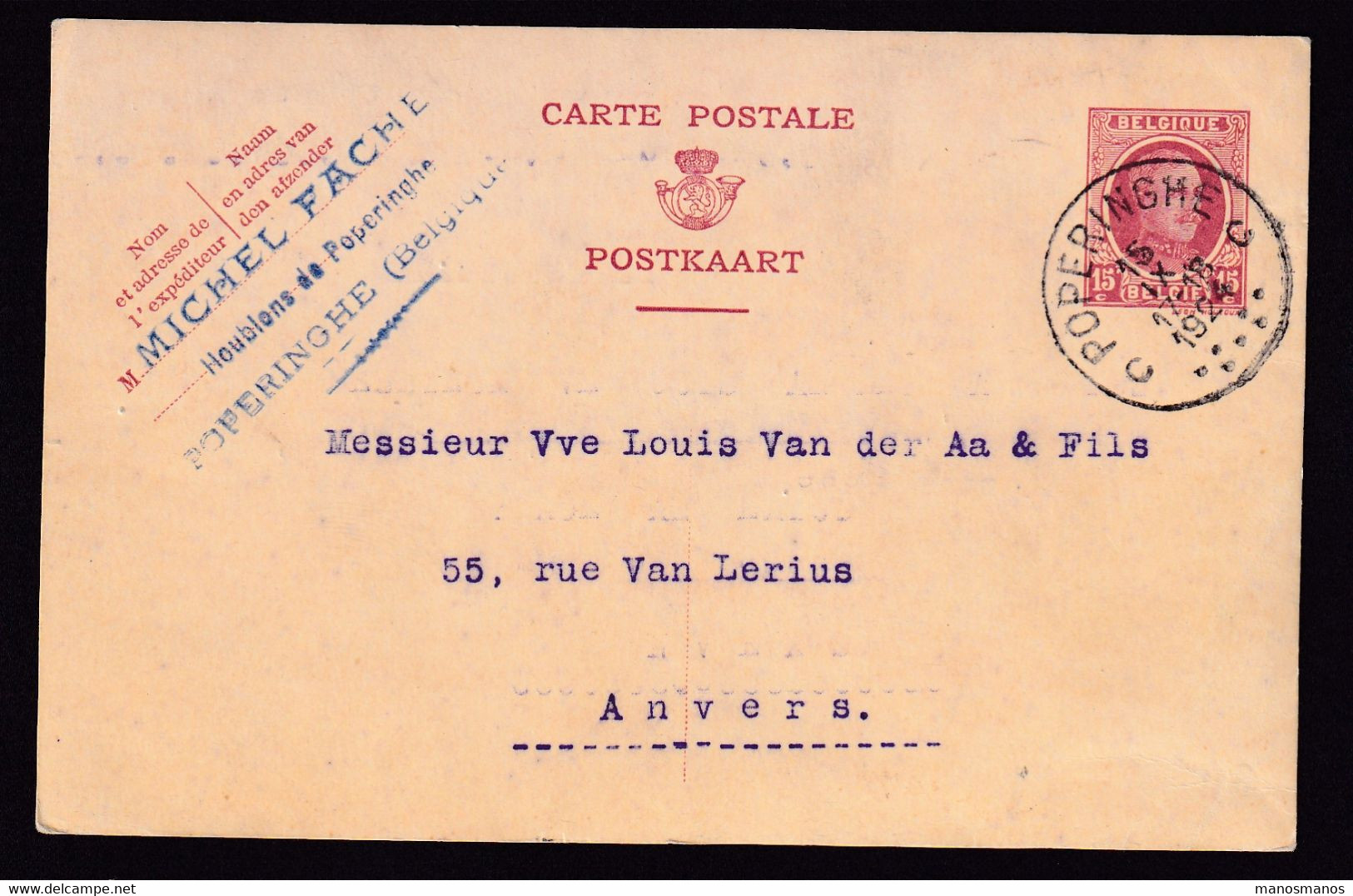 37/020 - BRASSERIE Belgique -  Entete Michel Fache , Houblons Sur Entier Postal Houyoux POPERINGHE 1924 - Bières