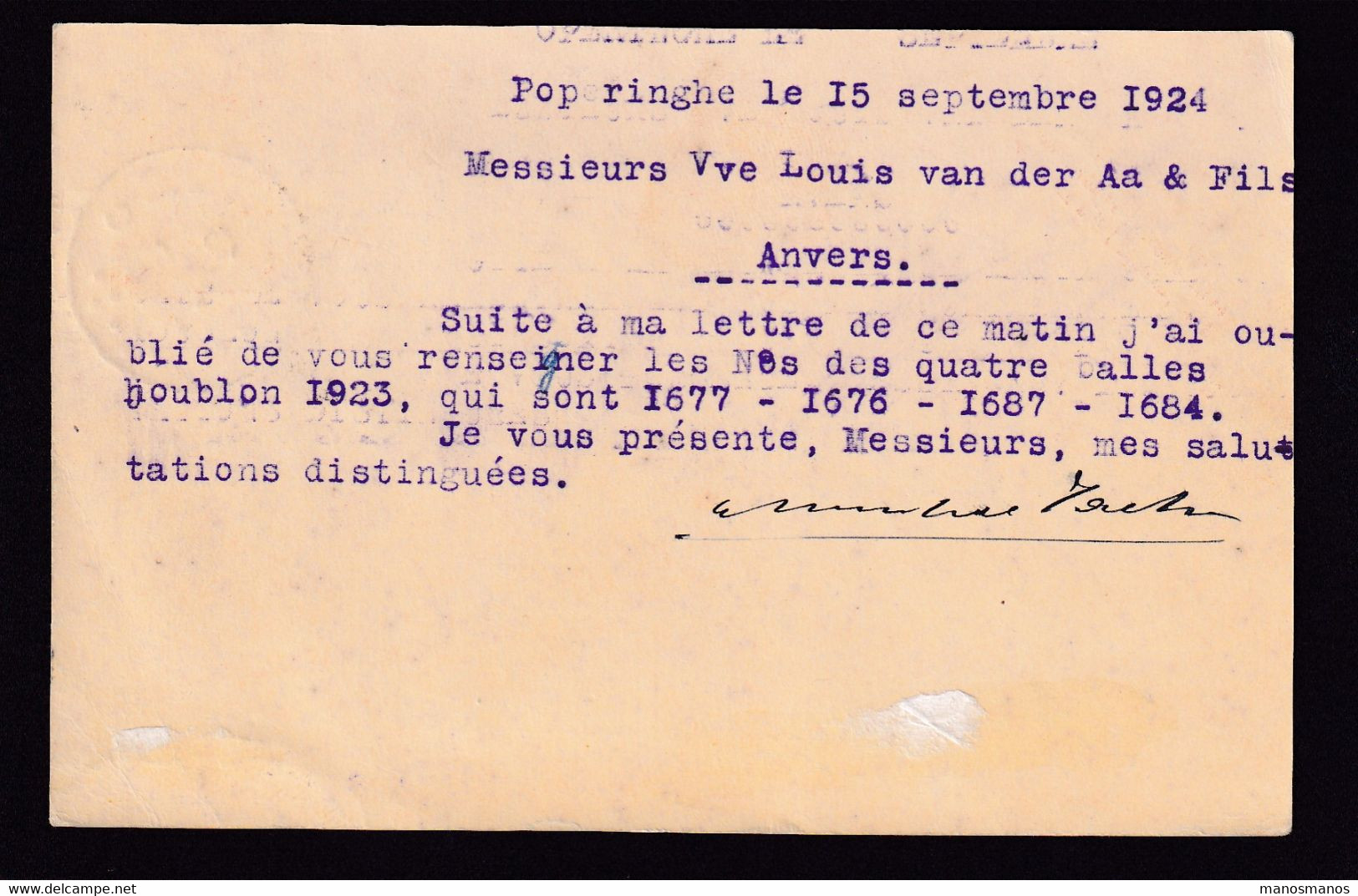 37/020 - BRASSERIE Belgique -  Entete Michel Fache , Houblons Sur Entier Postal Houyoux POPERINGHE 1924 - Bières