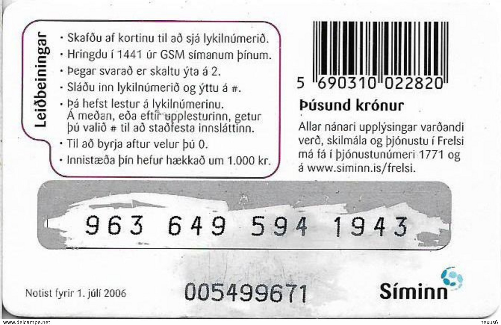 Iceland - Siminn - Wince Faces Violet, Exp.01.07.2006,  GSM Refill 1.000Kr, Used - Island