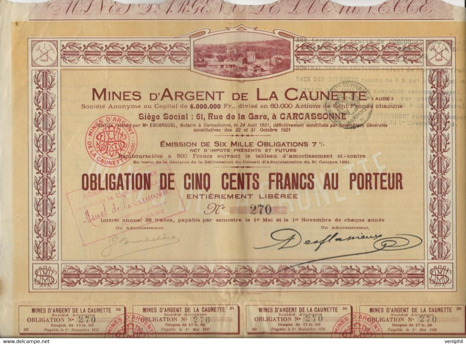 MINES D'ARGENT DE LA CAUNETTE - CARCASSSSONNE - OBLIGATION DE 500 FRS -ANNEE 1921 - Mijnen