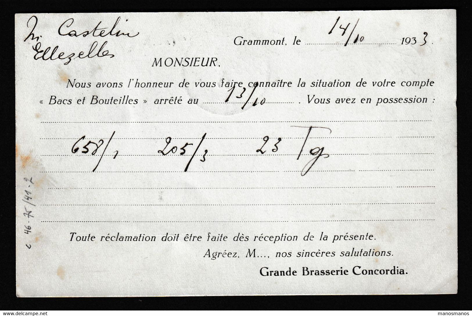 37/025 - BRASSERIE Belgique - Entete Illustrée Grande Brasserie Concordia à GRAMMONT S/ Carte TP Lion 1933 - Beers