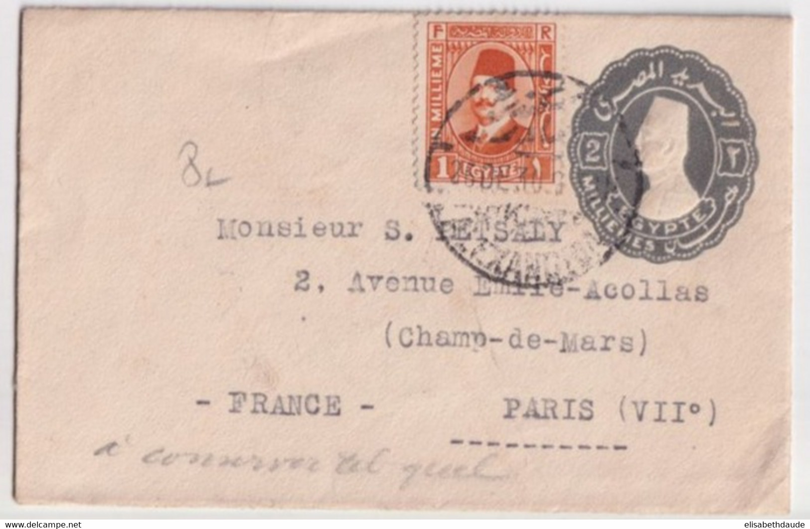 1930 - EGYPTE - ENVELOPPE ENTIER PETIT FORMAT De ALEXANDRIE => PARIS - Lettres & Documents