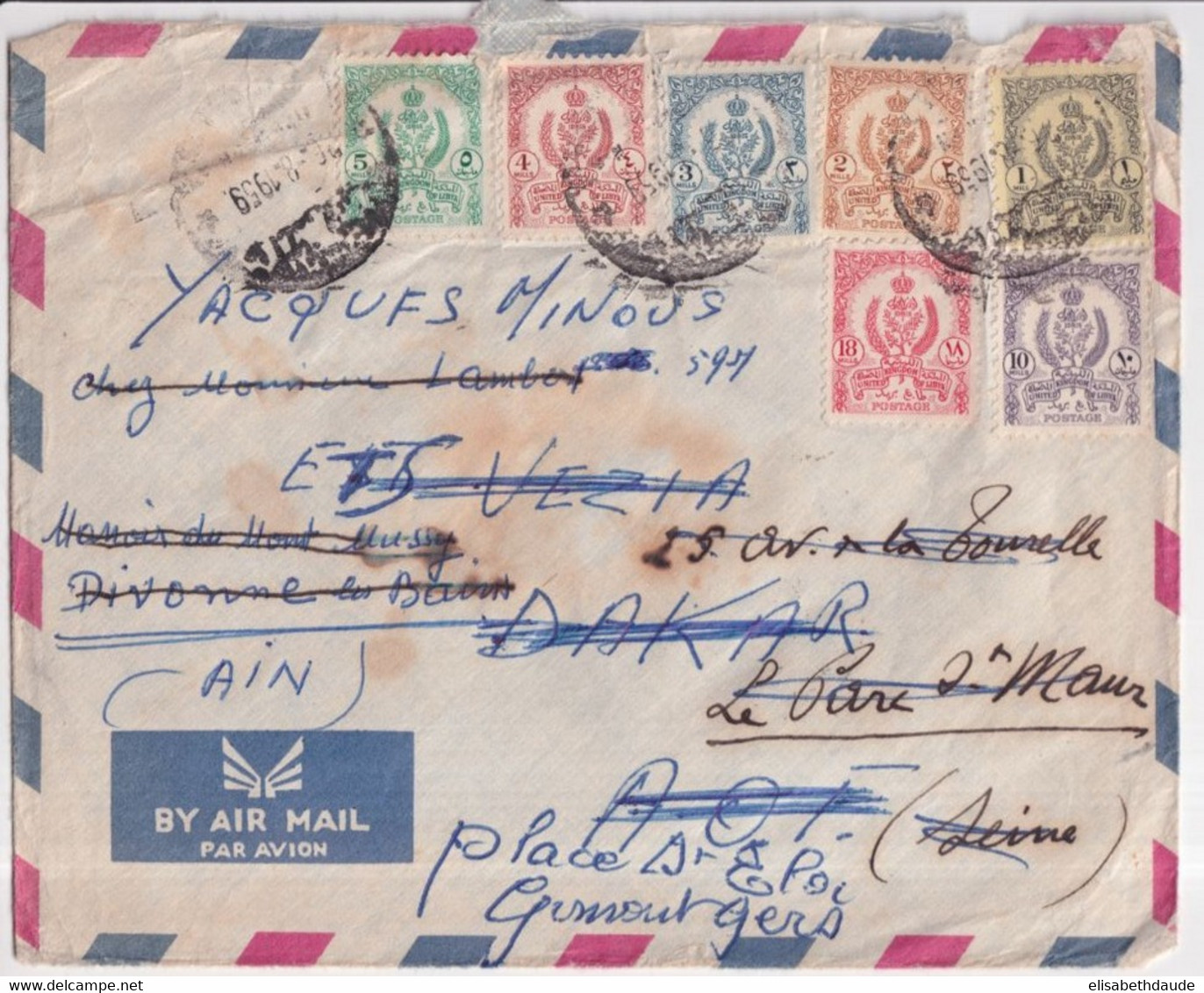 1959 - LIBYE - ENVELOPPE AIRMAIL De TRIPOLI => DAKAR (SENEGAL) => DIVONNE (AIN) => ST MAUR (SEINE) => GIMONT (GERS) !! - Libya