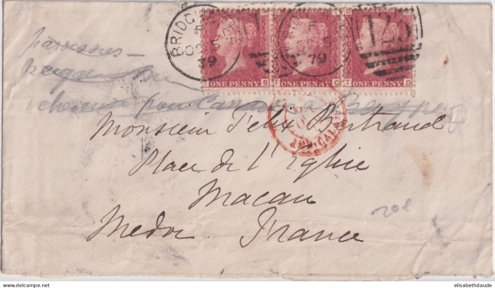 1879 - GB - RARES PLANCHES "216" X3 Sur ENVELOPPE BRIDGWATER => MACAU (MEDOC) - Covers & Documents