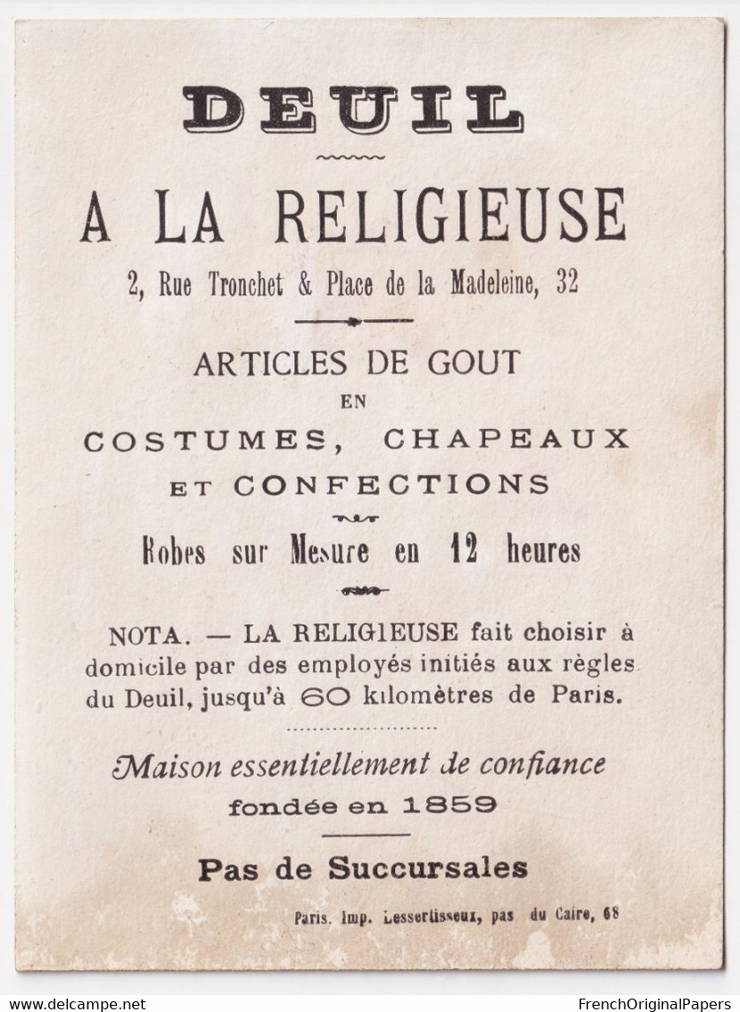 Rare Chromo / Carte De Visite 1890s - Magasin De Deuil -A La Religieuse Paris 2 Rue Tronchet / Place La Madeleine A75-45 - Tarjetas De Visita