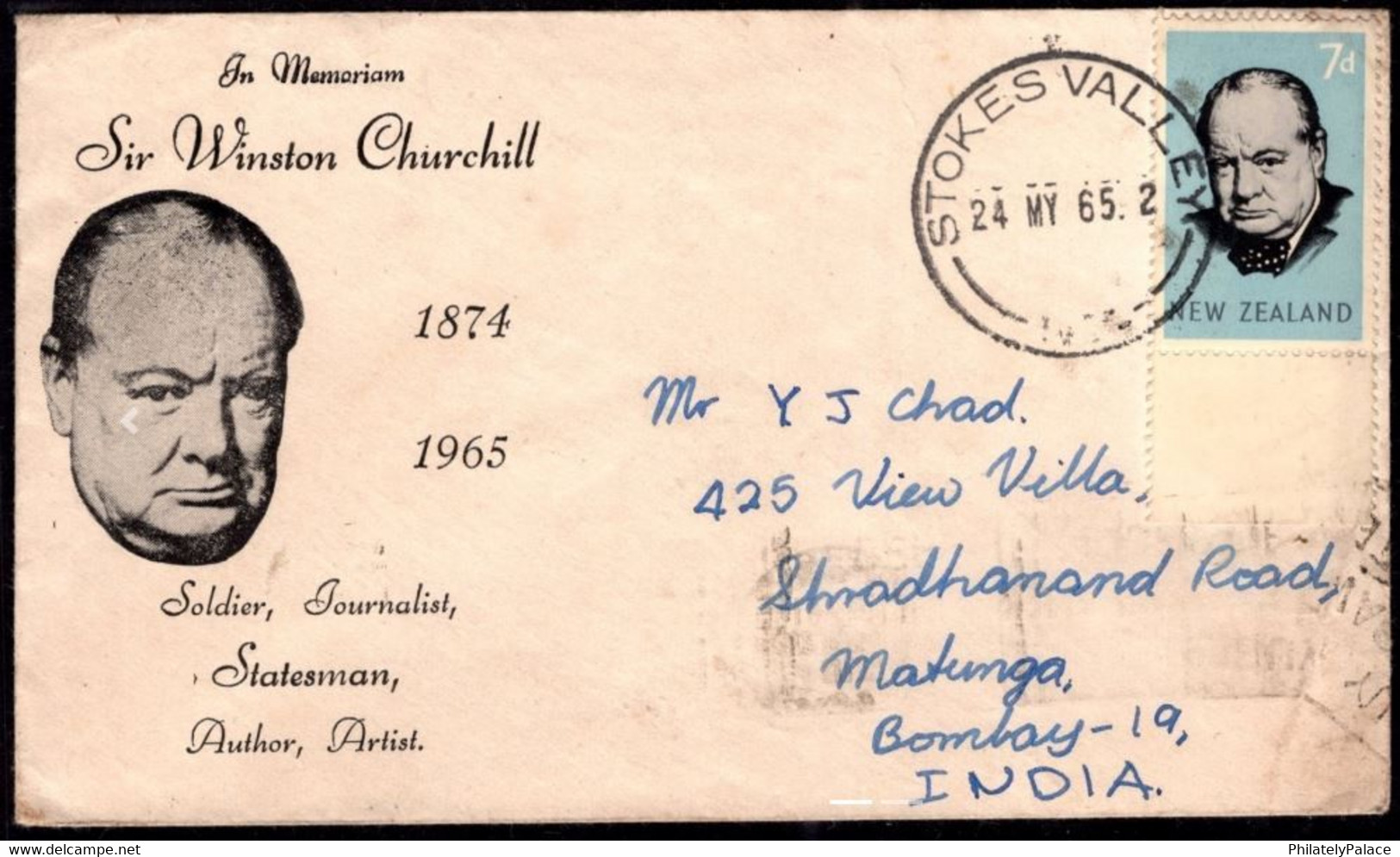 NEW ZEALAND 1965 First Day Cover FDC Sir Winston Churchill Posted To India (**) Inde Indien - Covers & Documents