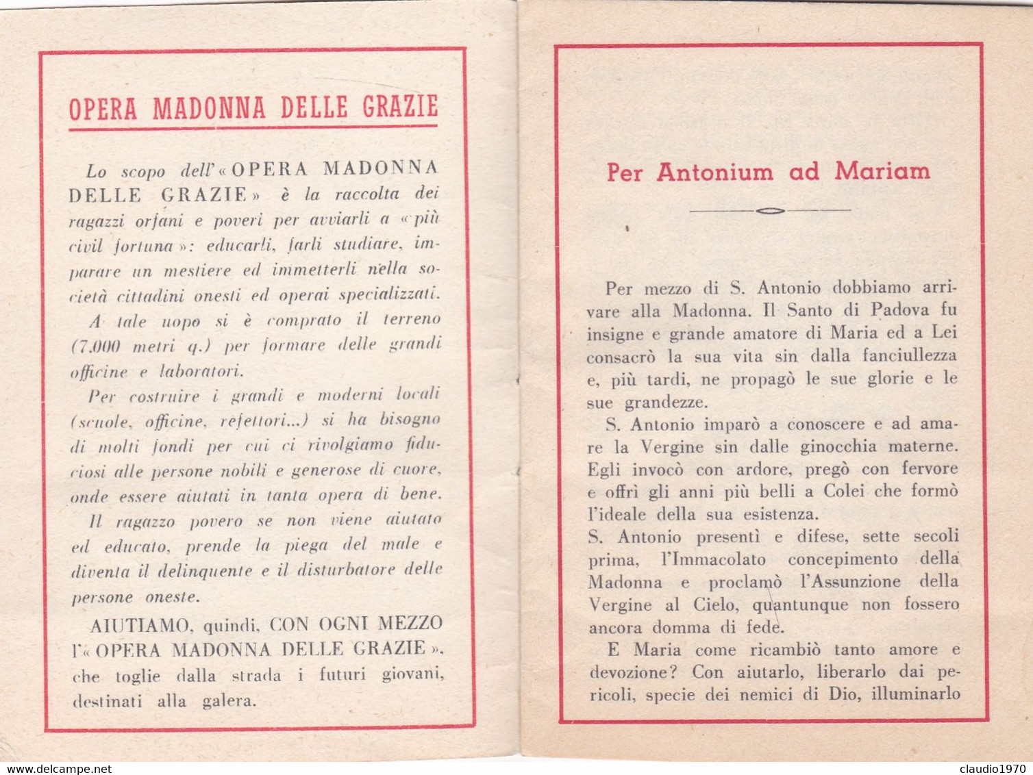 LIBRETTO  - RELIGIONE - PER ANTONIUM AD MARIAM - 1955 - Godsdienst