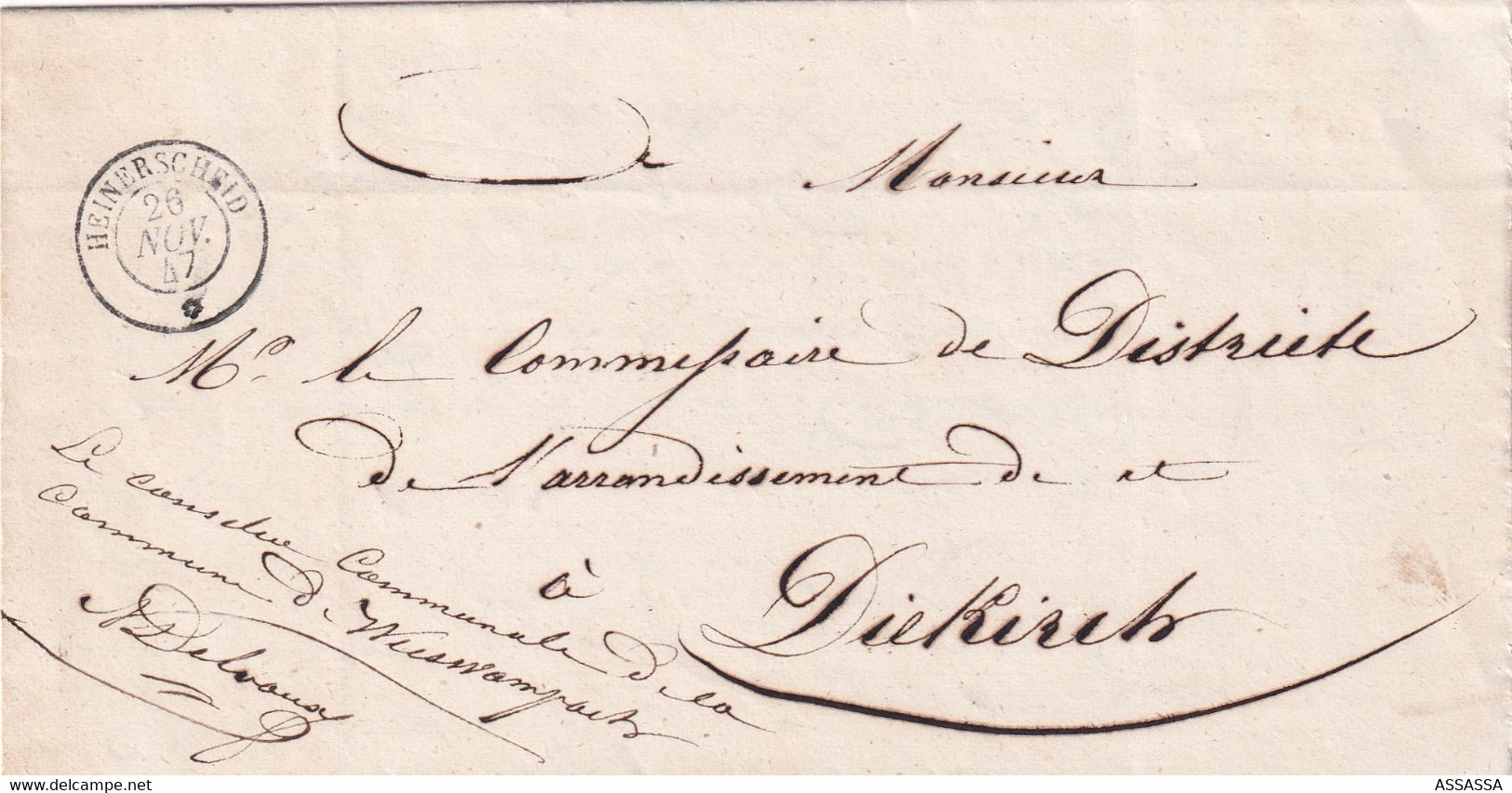 LUXEMBOURG -RARE - 1847 - CACHET ! HEINERSCHEID ! - (envoyé De La Commune De Weiswampach ) Estimé 2000 Euros LH1 / T17 - ...-1852 Prephilately