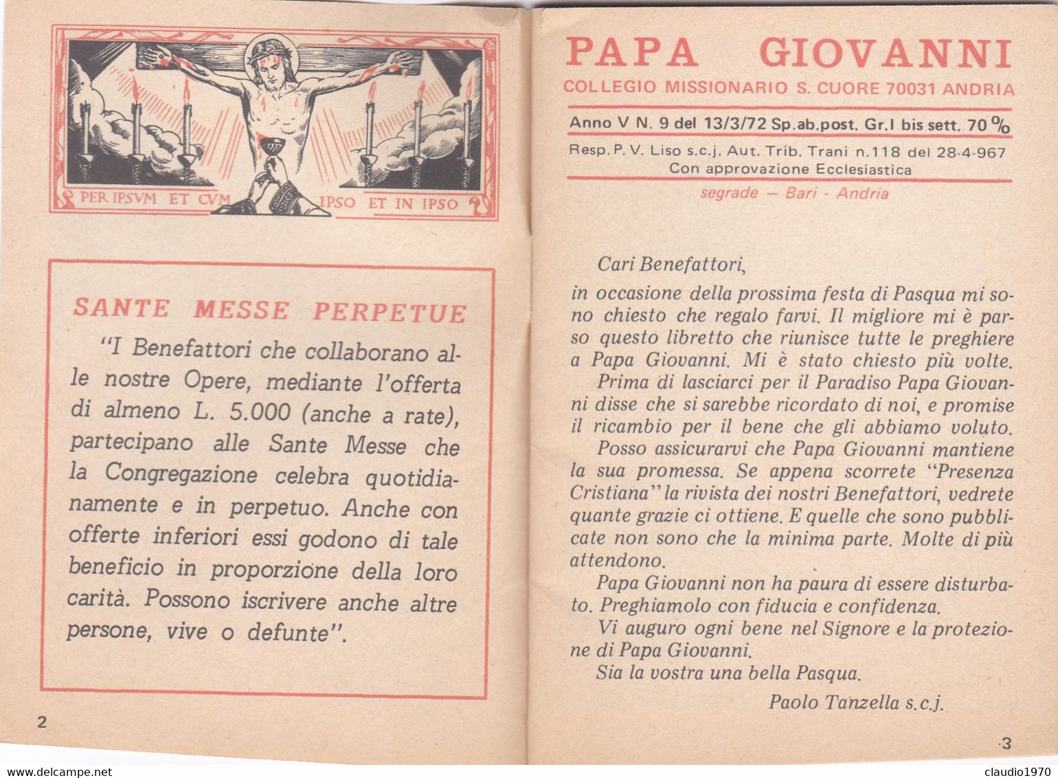 LIBRETTO  - RELIGIONE - PAPA GIOVANNI - COLLEGIO MISSIONARIO S. CUORE ANDRIA - Religion