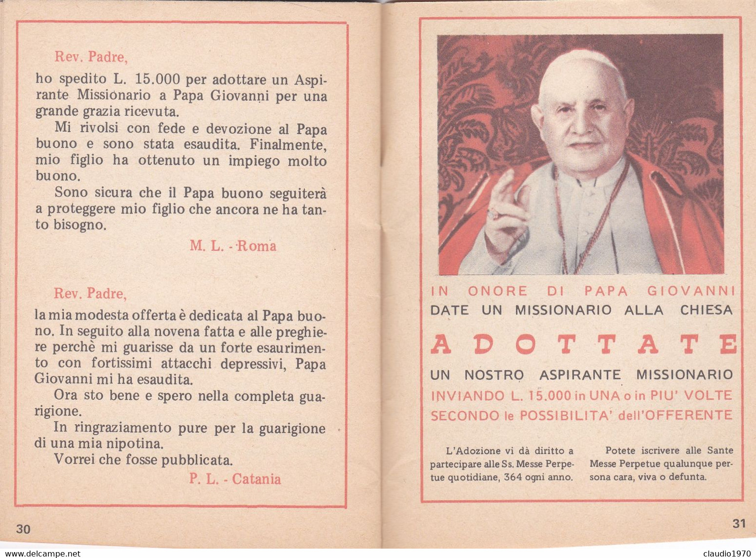 LIBRETTO  - RELIGIONE - PAPA GIOVANNI - COLLEGIO MISSIONARIO S. CUORE ANDRIA