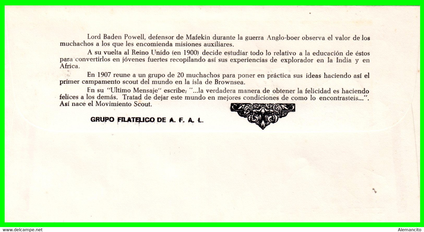 SOBRE EXPOSICION  FILATELICA REGIONAL  ( EXFILAFAL ) 75 ANIVERSARIO MOVIMIENTO SCOUT CON MATASELLO EN LA LINEA ( CADIZ ) - Sonstige & Ohne Zuordnung