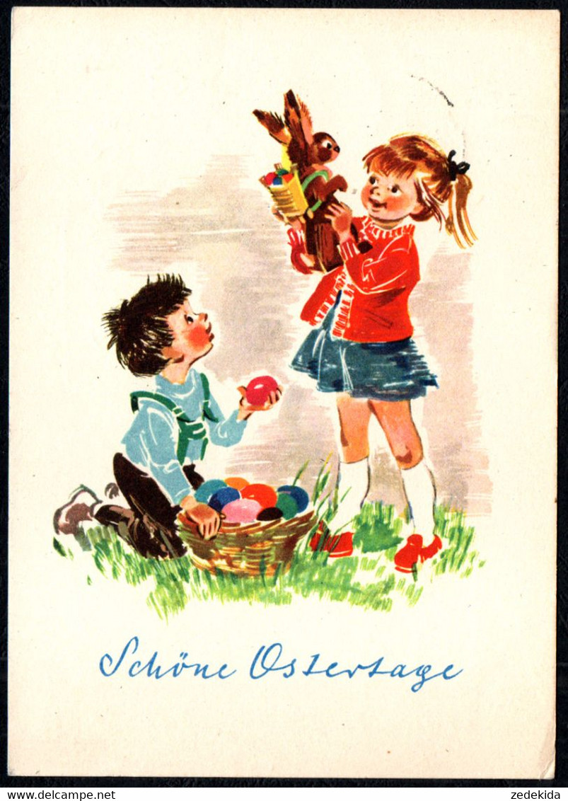 F8522 - Glückwunschkarte Ostern - Mädchen Junge Osterhase - Verlag Bunkowsky DDR Grafik - Easter