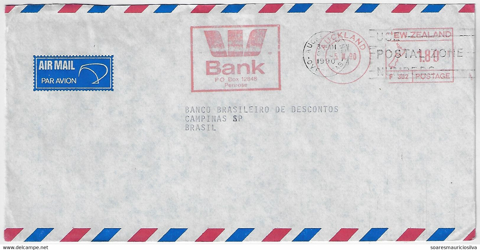 New Zealand 1990 Airmail Cover Meter Stamp Slogan W Bank Westpac Banking Corporation From Auckland - Storia Postale