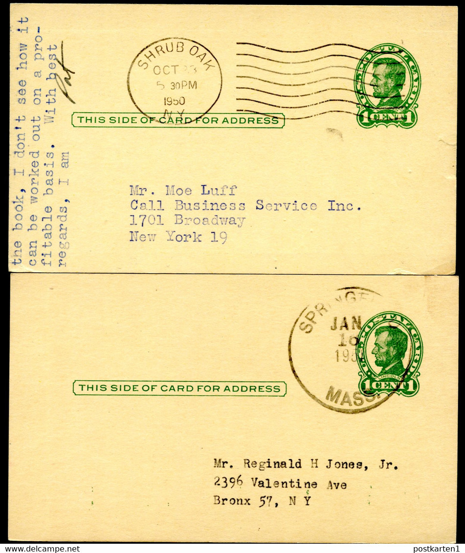 UX28 UPSS S40 Postal Card TYPE 2 Shrub Oak NY + Springfield MA 1950-51 - 1921-40