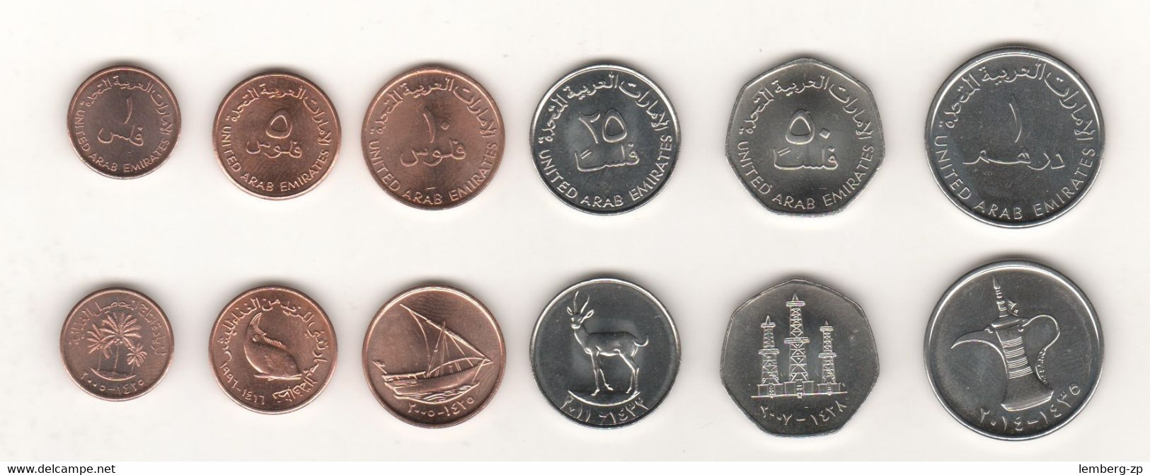 UAE United Arab Emirates - 5 Pcs X Set 6 Coins 1 5 10 25 50 Fils 1 Dirham 1996 - 2014 AUNC Lemberg-Zp - United Arab Emirates