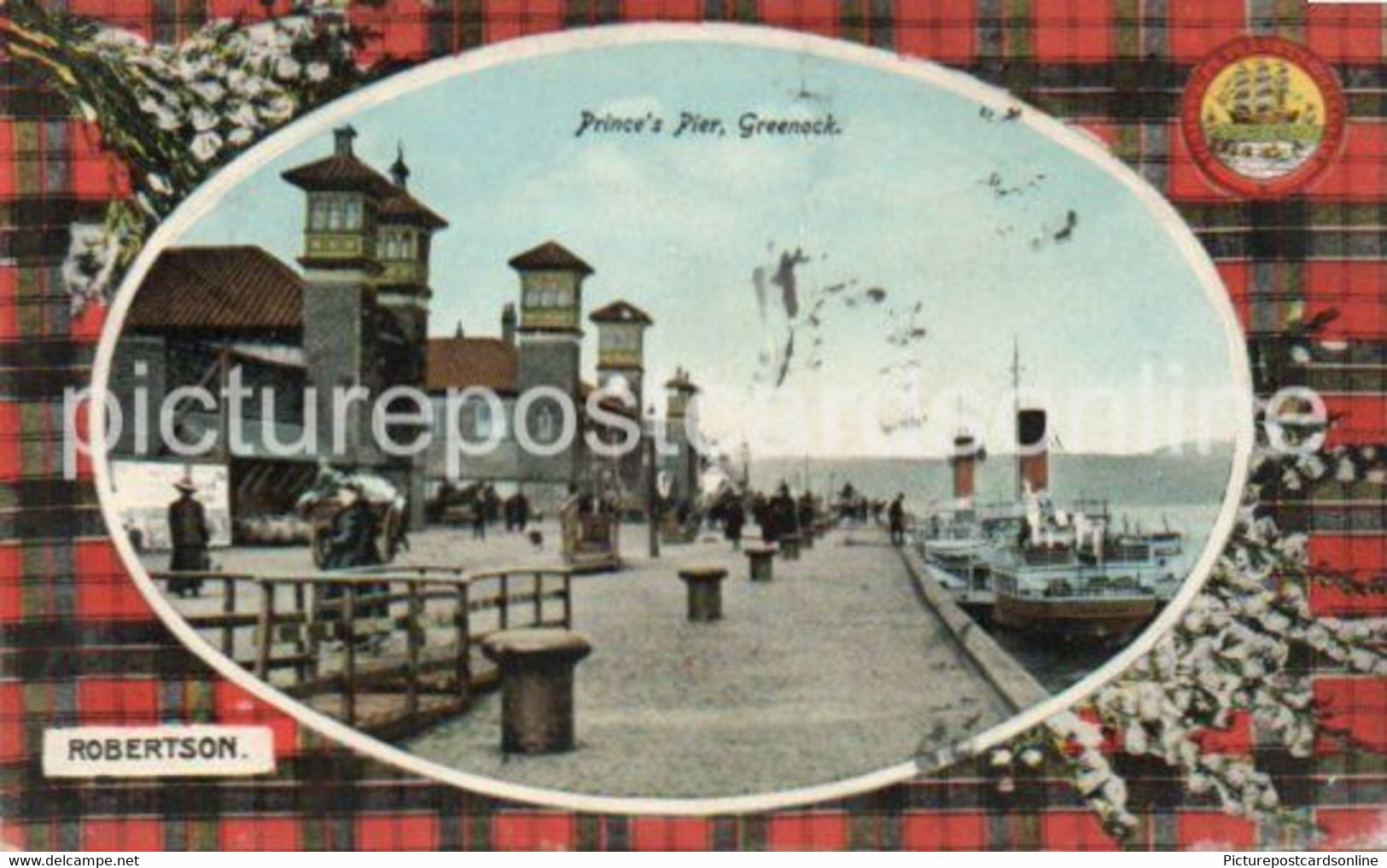 GREENOCK PRINCES PIER OLD COLOUR TARTAN BORDERED POSTCARD ROBERTSON SCOTLAND - Renfrewshire