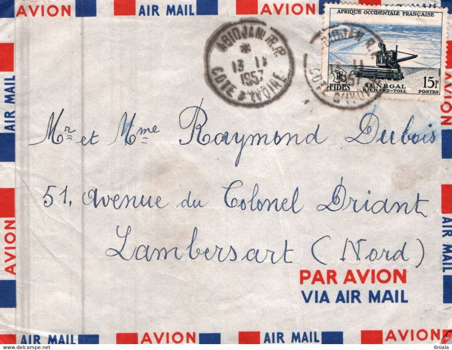 7693 LETTRE Par Avion ABIDJAN COTE  D IVOIRE Pour LAMBERSART Nord 59  13 11 1957 - Storia Postale