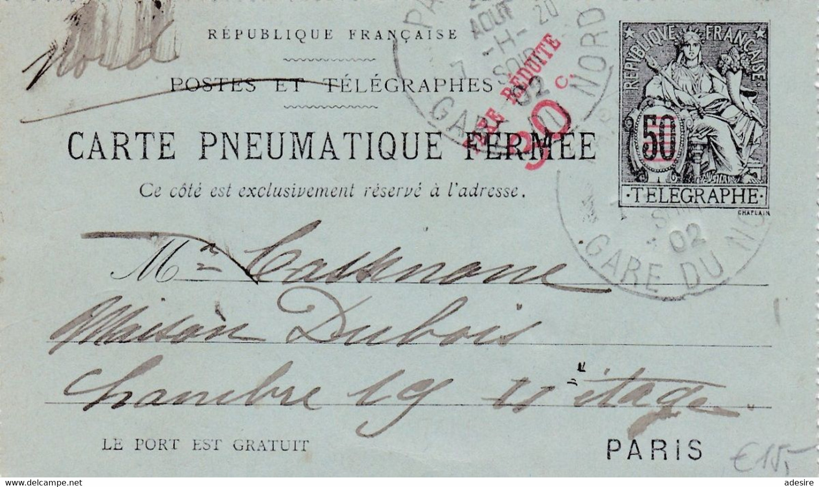 FRANKREICH 1902 - Carte Pneumatique Fermee Mit 50 F? Telegraphe Ganzsache Gel.v.Paris > ? .. - Covers & Documents