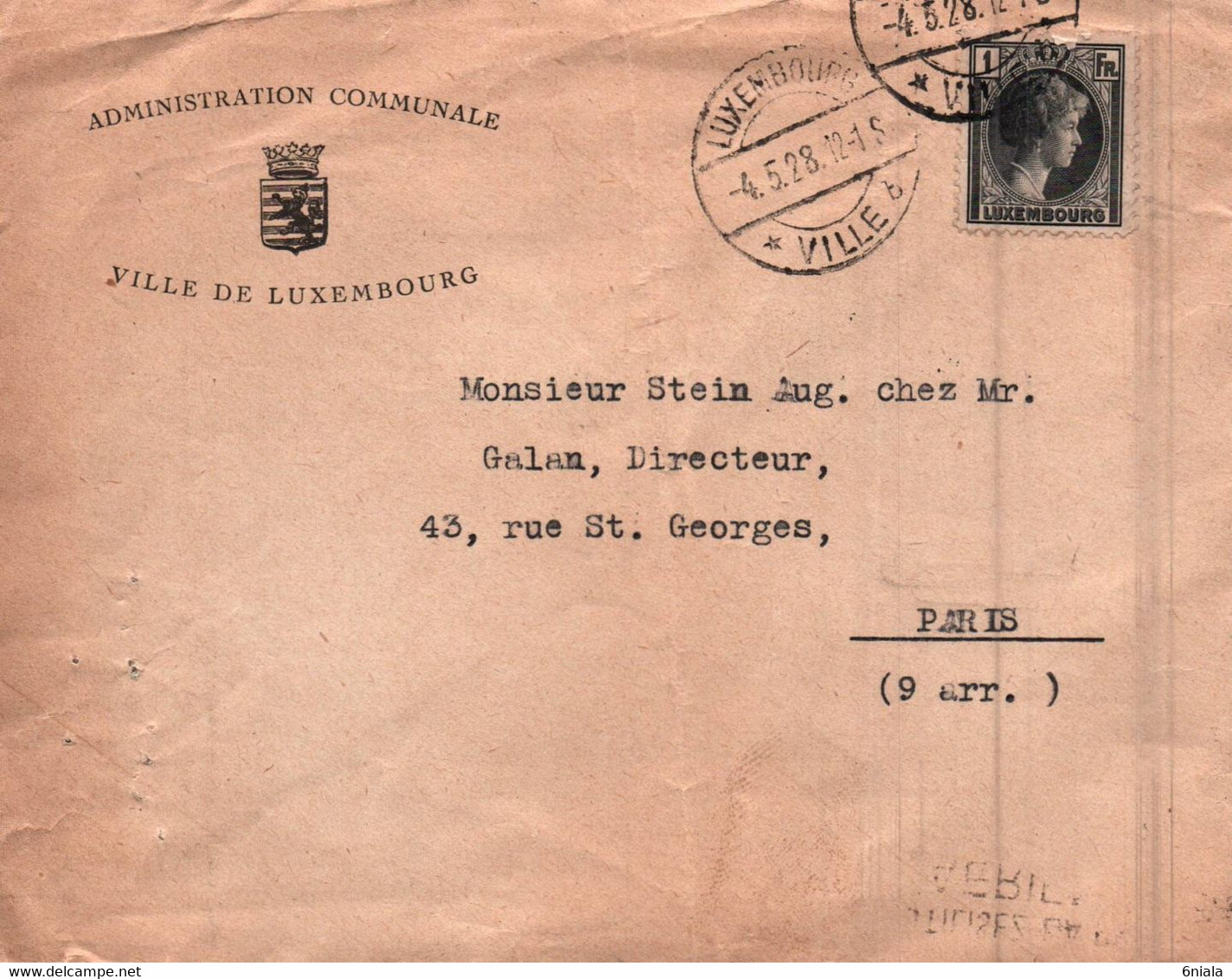 7694 LETTRE Ville De LUXEMBOURG Administration Communale Pour Paris   04 05 1928 - Storia Postale