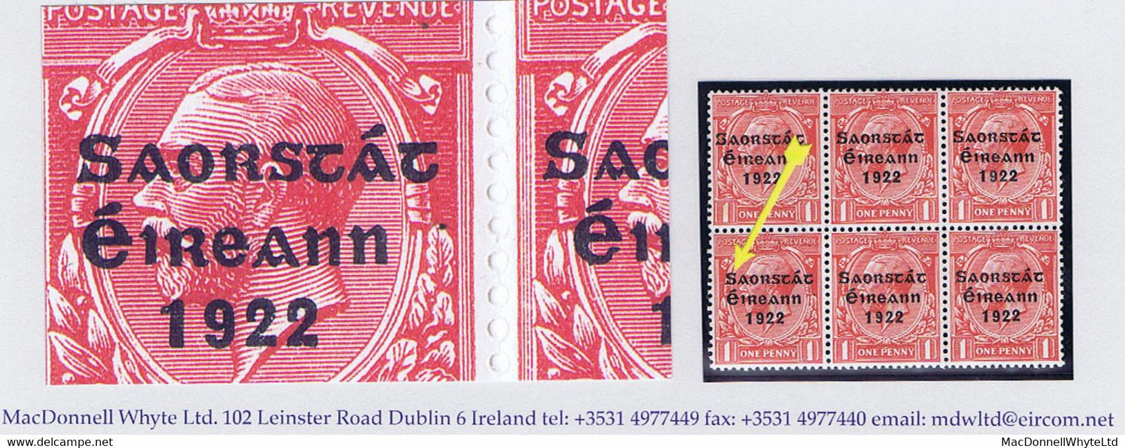 Ireland 1922-23 Thom Saorstat 1d Var "S Over E" Row 10/10 In A Block Of 6 Fresh Mint - Neufs