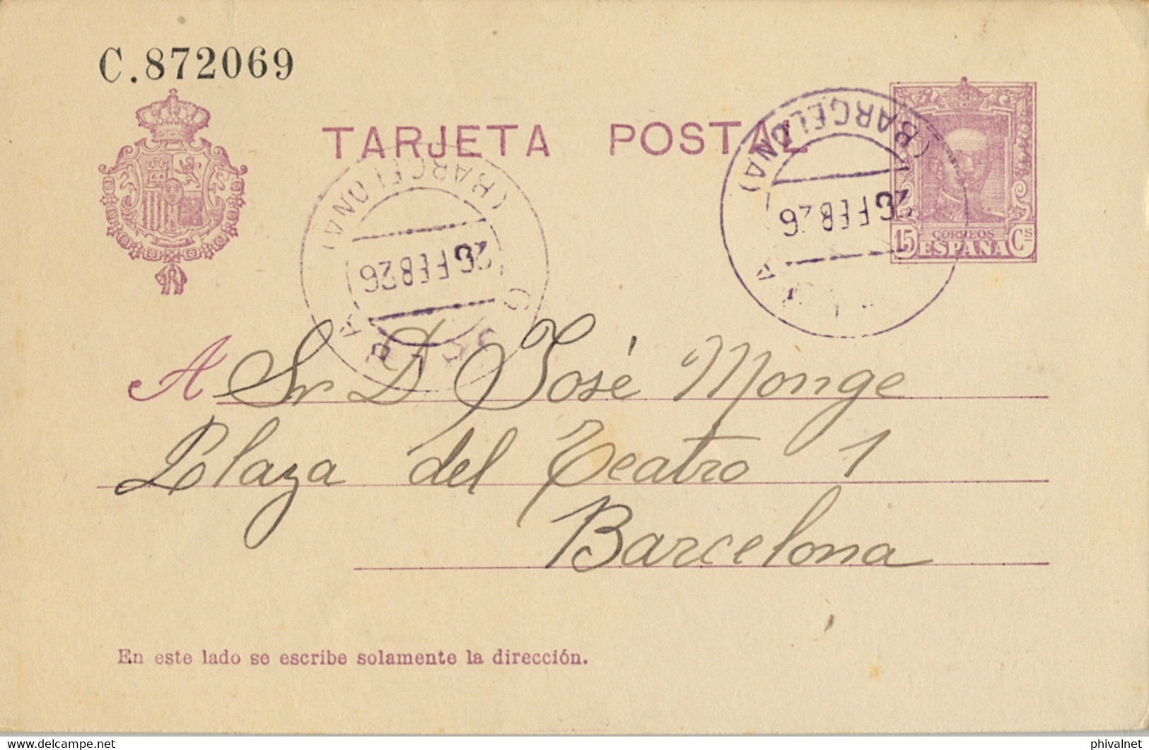 1926 , BARCELONA   , E.P. 57 CIRCULADO , GUALBA - BARCELONA , LLEGADA AL DORSO - 1850-1931